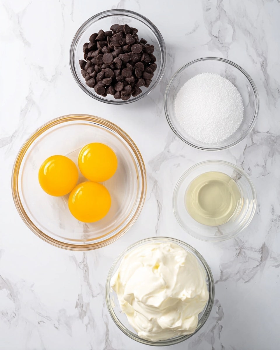 The image shows five clear glass bowls placed on a white marbled surface. The top left bowl is filled with dark chocolate chips, the top right bowl holds white granulated sugar, the middle left bowl contains three bright yellow egg yolks, the middle right bowl is filled with clear egg whites, and the bottom bowl holds thick white cream. The bowls are neatly arranged in a loose circular pattern. Photo taken with an iphone --ar 4:5 --v 7