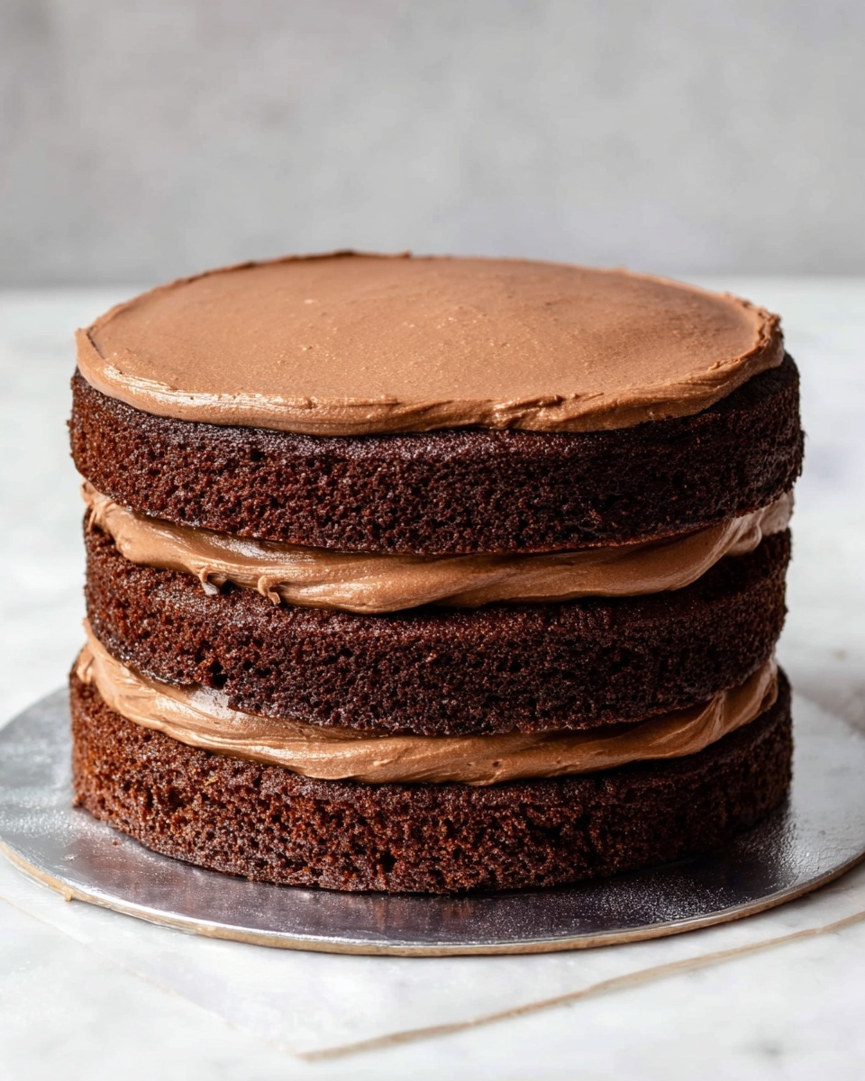A three-layer chocolate cake with thick, smooth milk chocolate frosting spread evenly between each layer. The cake layers are dark brown, moist, and slightly textured on the surface, stacked neatly one on top of another. The frosting layers are creamy and lighter brown, sitting flush between the cake layers with minimal spilling over the edges. The cake rests on a shiny silver cake board placed on a white marbled surface. photo taken with an iphone --ar 4:5 --v 7
