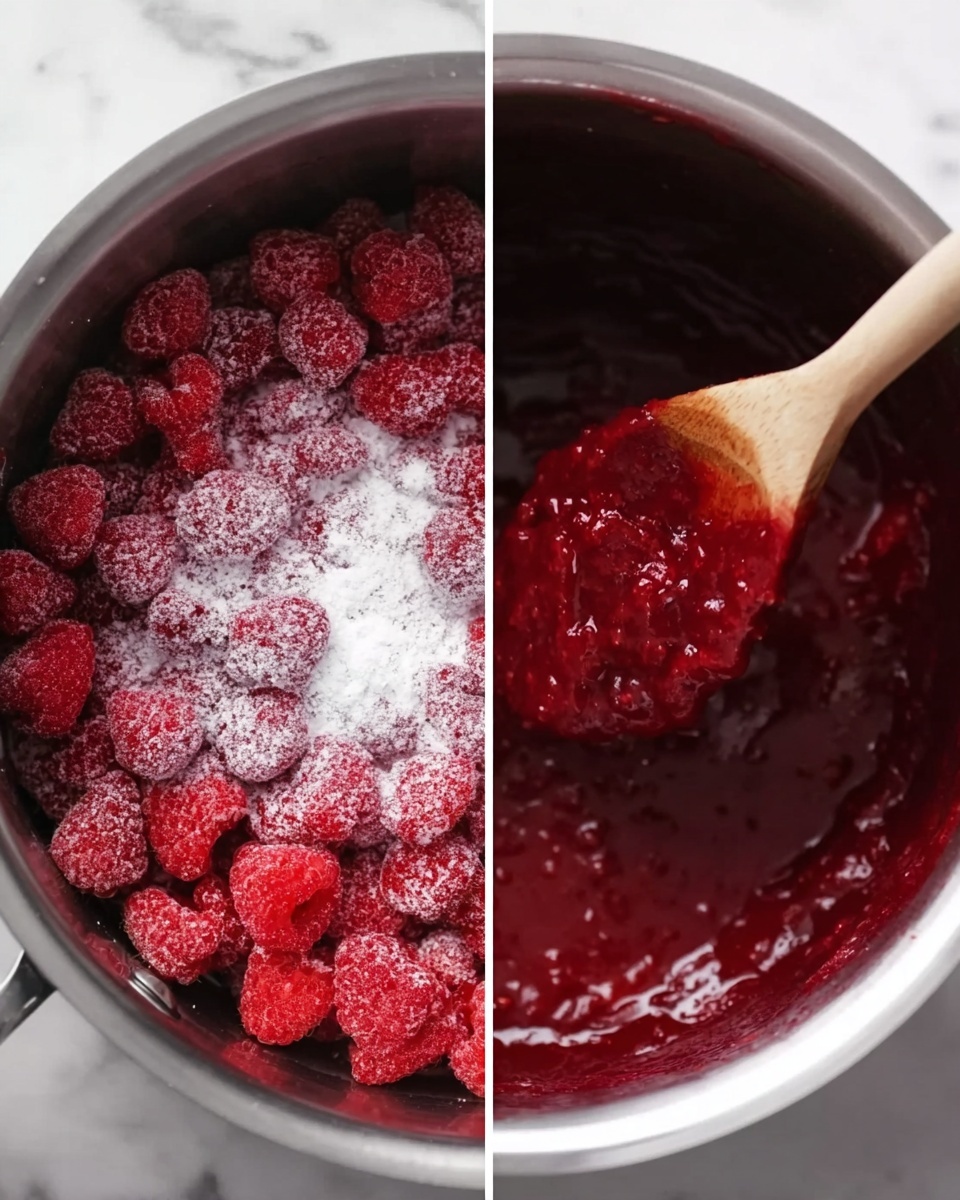 The image shows two side-by-side close-up views of a cooking pot inside a white marbled surface. On the left side, inside the pot, there is a pile of red raspberries with a layer of white powder sprinkled over them. On the right side, the raspberries have turned into a smooth, deep red sauce with visible bits of fruit, shown on a wooden spoon hovering above the pot. The sauce looks thick and shiny, filling the pot. The pot is metallic with a shiny, smooth surface. Photo taken with an iphone --ar 4:5 --v 7