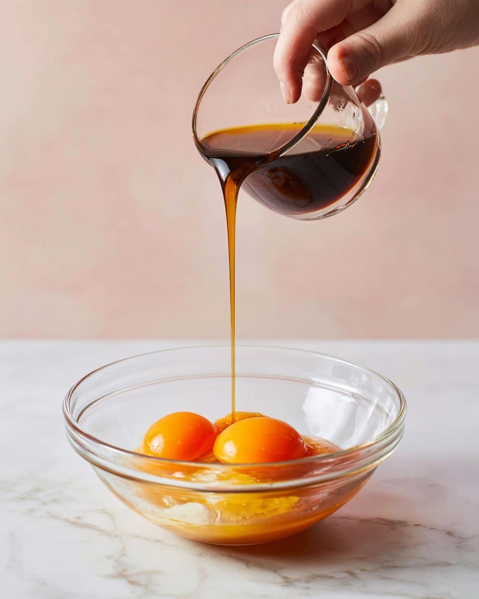 A clear glass bowl on a white marbled surface holds two bright orange egg yolks and some egg white. A woman's hand is pouring a dark brown liquid, likely vanilla extract, into the bowl. The liquid flows in a thin stream creating a smooth mix with the eggs. The background is soft and light pink, with focus on the bowl and the pouring action. photo taken with an iphone --ar 4:5 --v 7