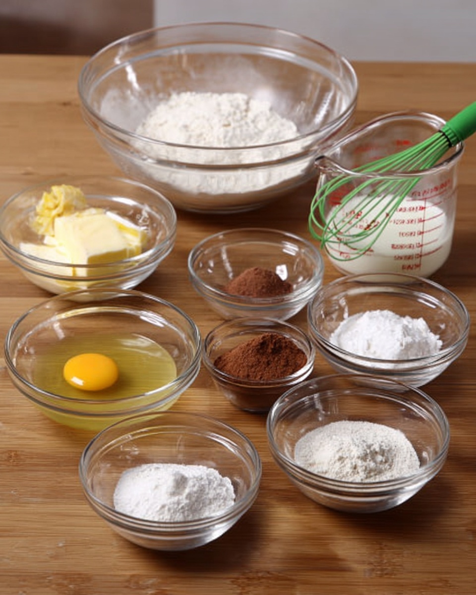 The image shows eight clear glass bowls and one clear glass measuring cup arranged on a wooden table. The largest bowl is empty and placed near the back center. In front, from left to right, are smaller bowls containing one raw egg with yellow yolk and clear white, some melted butter, white flour, a light brown powder (likely cocoa), white granulated sugar, and two very small bowls with white powders, possibly baking powder and salt. The measuring cup has a woman’s hand holding a green whisk beside it and contains a white liquid, likely milk. The background is simple and neutral. Photo taken with an iphone --ar 4:5 --v 7