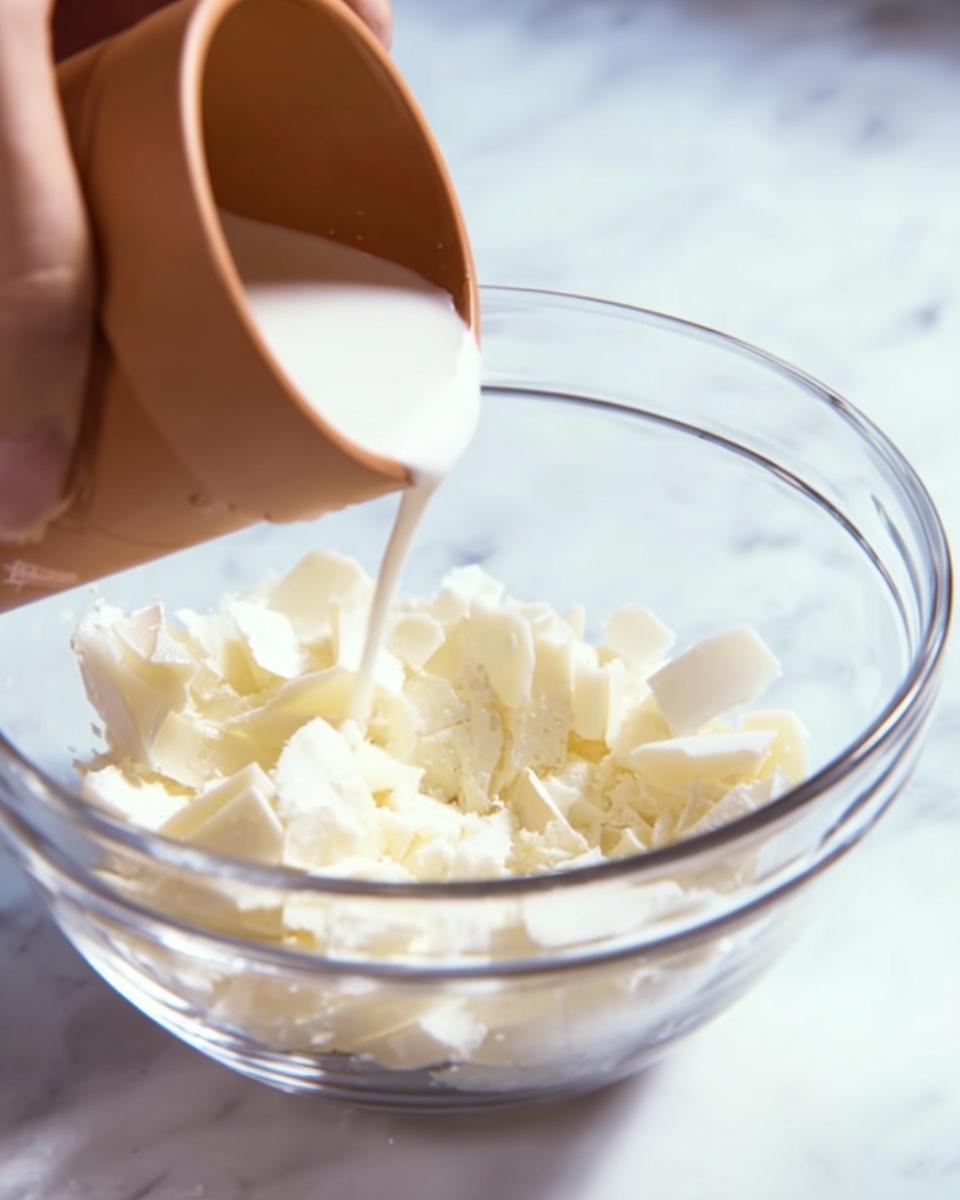 A close-up image shows a clear glass bowl placed on a white marbled surface. Inside the bowl, there are many small pieces of white solid material that look smooth and thick. A woman's hand holds a small light brown container tilted above the bowl, pouring a thick white liquid over the pieces. The focus is mainly on the bowl and the pouring action, with a soft blurred background. photo taken with an iphone --ar 4:5 --v 7