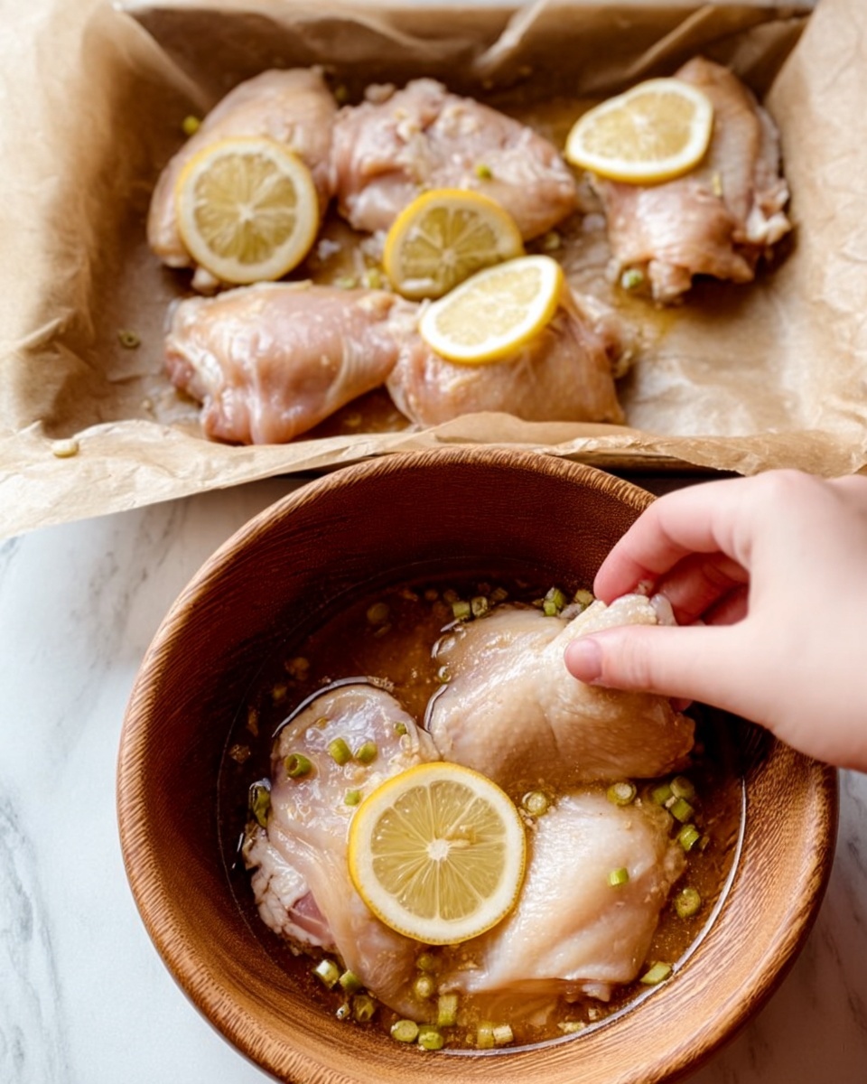 A wooden bowl filled with raw chicken thighs soaking in a light brown marinade with small green herbs or chopped green onions scattered around; the wooden bowl is on a white marbled surface. In front of the bowl, there is a white baking sheet lined with parchment paper holding three pieces of raw chicken thighs arranged over thin lemon slices; drops of marinade are visible on the parchment. A woman's hand is reaching into the bowl, grabbing a piece of chicken. Photo taken with an iphone --ar 4:5 --v 7