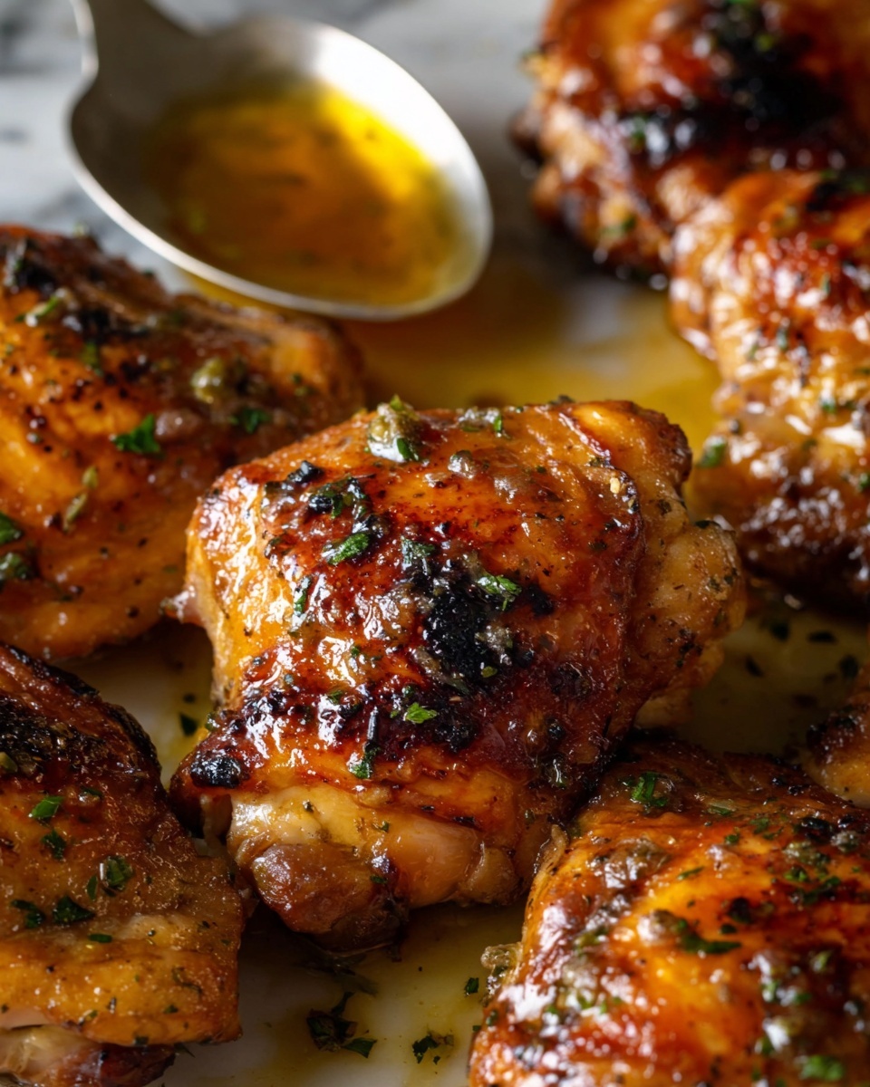 A close-up image of several cooked chicken thighs with a shiny, golden brown, and slightly charred skin, sprinkled with small green herb pieces. The texture of the chicken skin looks crispy with some dark grill marks. Behind the chicken, there is a silver spoon holding some golden oily liquid, resting on a white marbled surface. The food appears juicy and well roasted, filling most of the frame. photo taken with an iphone --ar 4:5 --v 7