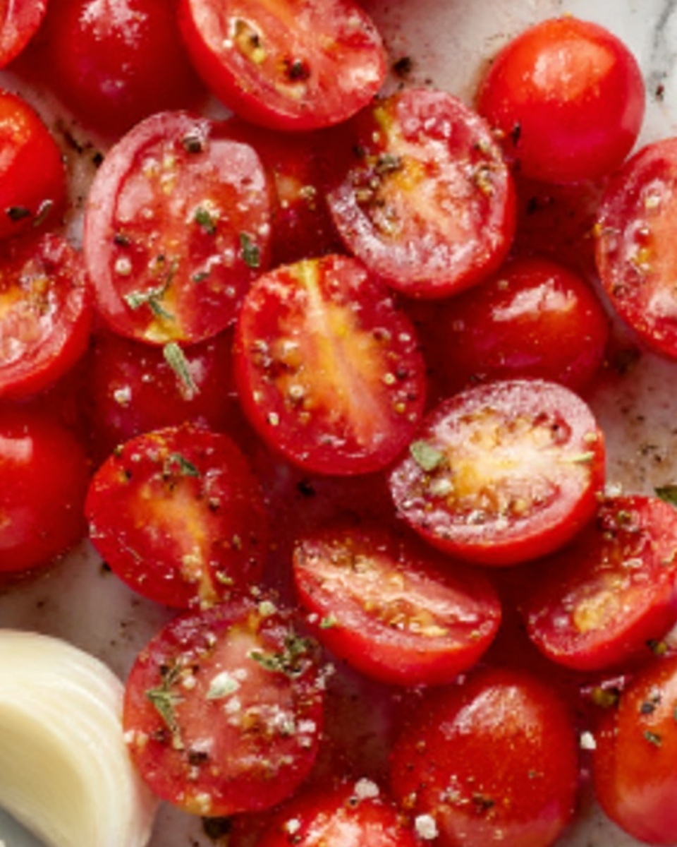 The image shows a close-up of cherry tomatoes that are cut in half, arranged closely together on a white marbled surface. The tomatoes are bright red with a shiny, juicy texture, sprinkled with some black pepper and small bits of herbs. There is also a single light-colored garlic clove visible at the edge. The overall look is fresh and colorful, with a slight gloss on the tomatoes from the moisture. photo taken with an iphone --ar 4:5 --v 7