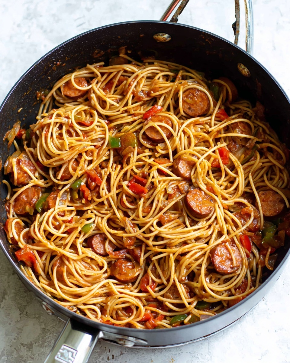 The image shows a black cooking pan filled with a spaghetti dish standing on a white marbled surface. The dish has long, light brown spaghetti noodles mixed with slices of brown sausage scattered evenly throughout. There are also small pieces of red and green bell peppers and onions mixed in, giving the dish a colorful touch. The spaghetti is coated with a light tomato sauce that adds a shiny texture to the noodles. The pan has silver handles and a black temperature knob visible on the lower right side. photo taken with an iphone --ar 4:5 --v 7