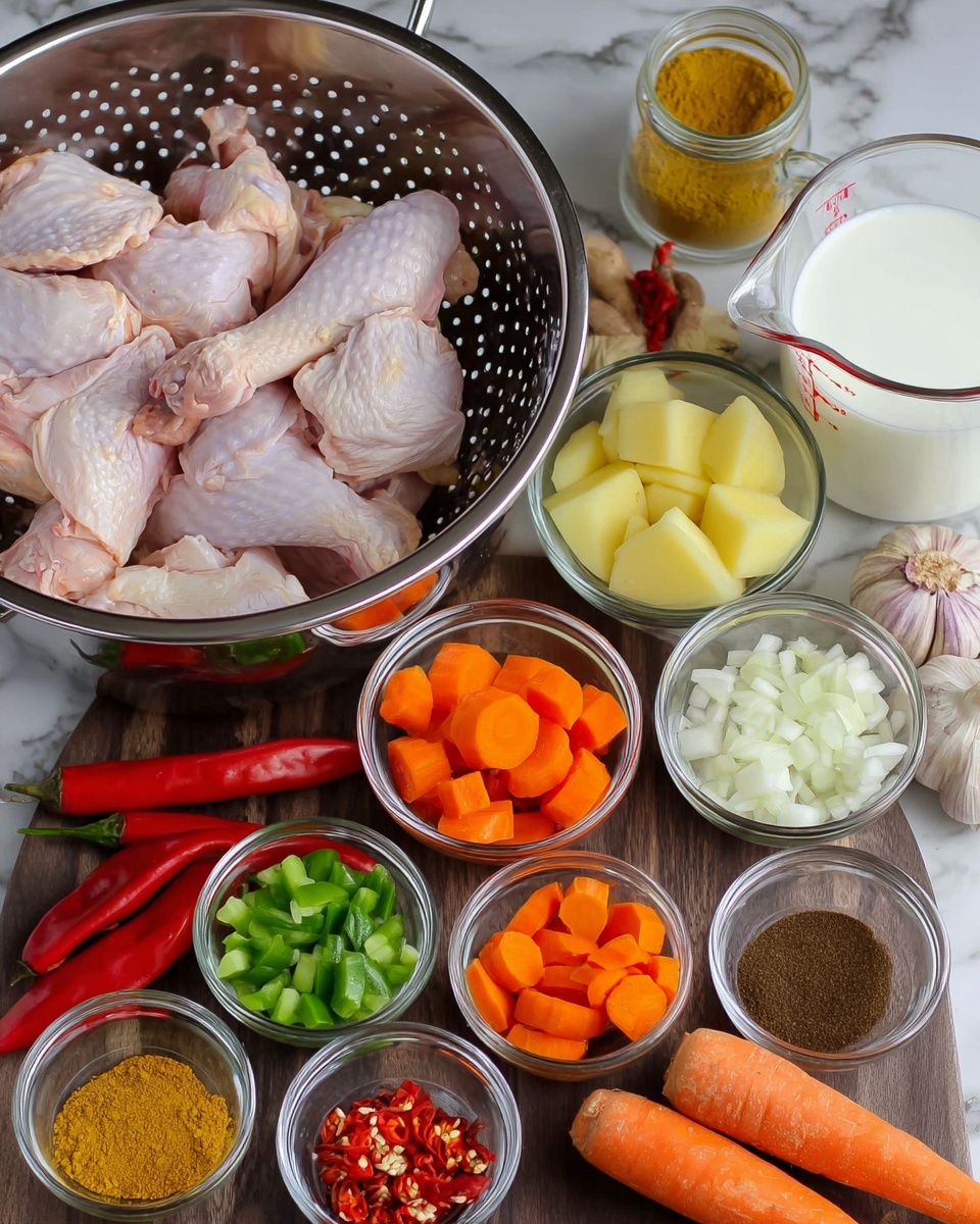 The image shows a metal colander full of raw chicken with pink skin and bone, placed on a dark wooden surface. Around it are clear glass bowls filled with different cut vegetables and spices: one bowl with light yellow potato pieces, another with bright orange carrot chunks, and another with white chopped onions in the center. There are smaller bowls with chopped green bell peppers, minced garlic, red chili slices, dark brown sauce, brownish-red powdered spice, yellow curry powder, and black pepper. Whole fresh red chili peppers and a garlic bulb lie next to the bowls. A clear measuring cup filled with white coconut milk and a pair of whole carrots sit on the top right along with a glass jar with yellow curry powder. The whole scene is set against a white marbled texture background. Photo taken with an iphone --ar 4:5 --v 7
