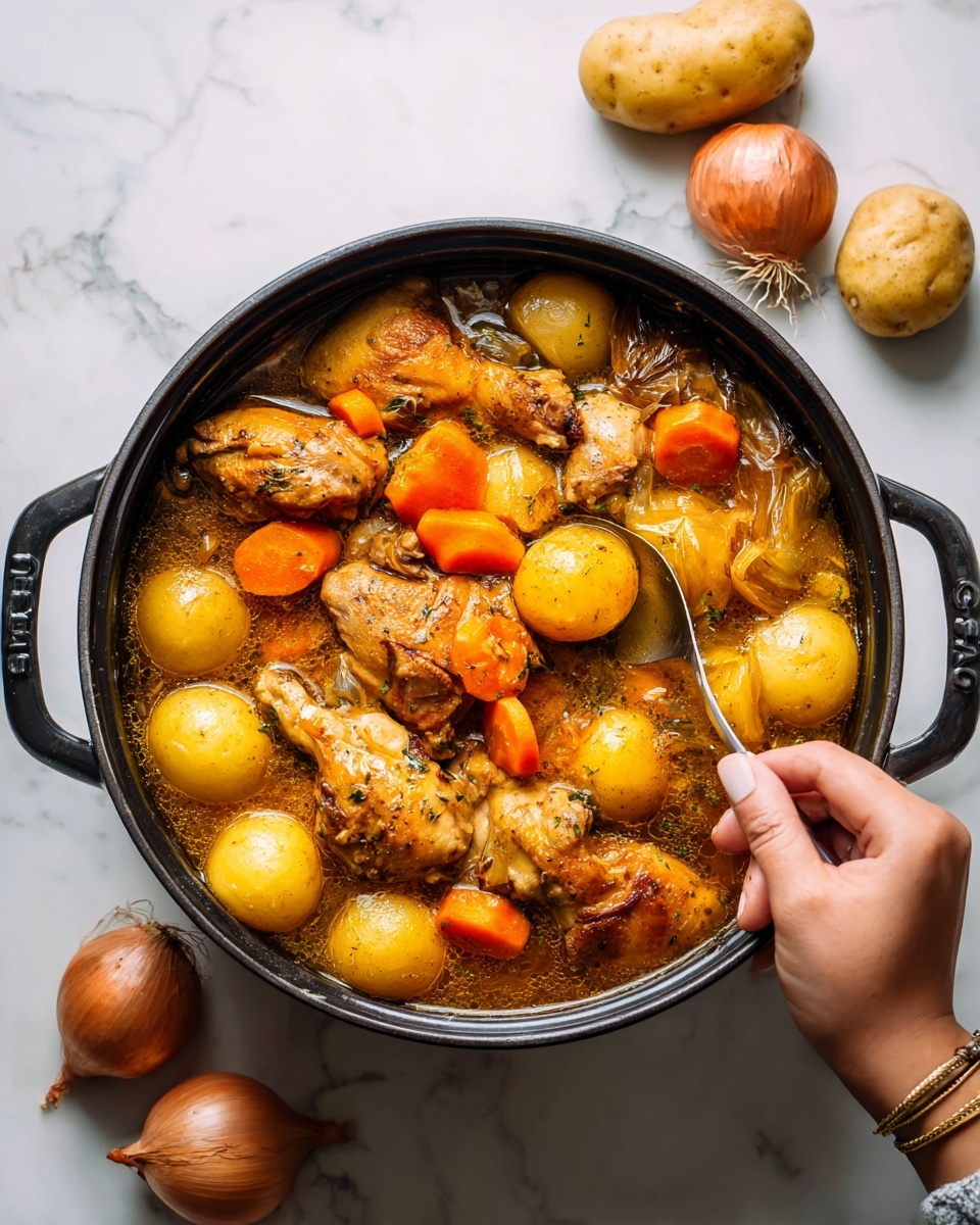 A large black pot filled with cooked chicken pieces in a brown broth with visible steam rising, layered with chunks of yellow potatoes and orange carrot slices scattered on top and mixed within, set on a white marbled surface with whole potatoes, carrots, and an onion placed around it for decoration, a woman's hand stirring the food in the pot. photo taken with an iphone --ar 4:5 --v 7