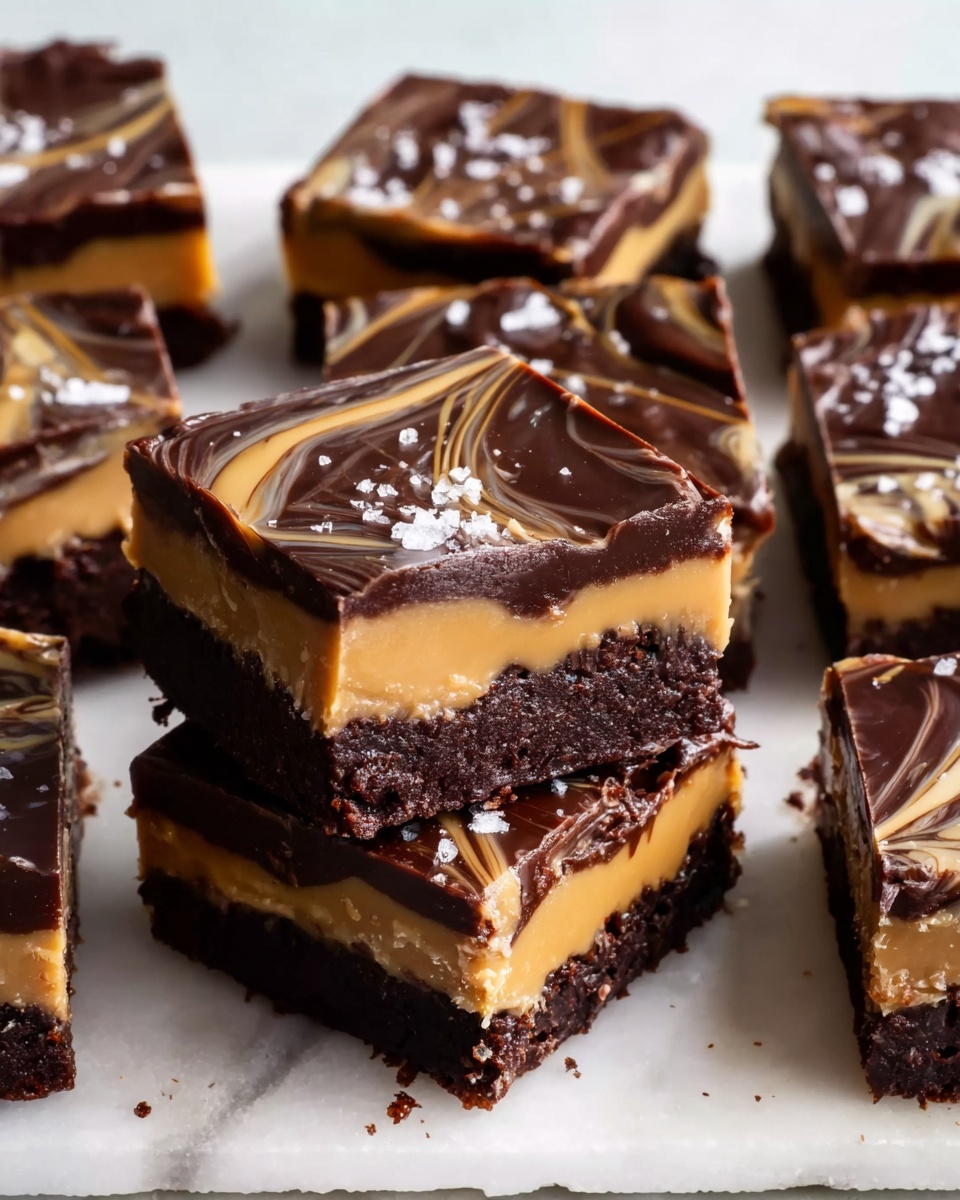 The image shows several square chocolate bars with three clear layers. The bottom layer is dark brown and looks dense and crumbly, like a thick brownie base. The middle layer is a smooth, creamy caramel with a light golden-brown color, sitting evenly on top of the brownie base. The top layer is dark chocolate with light caramel swirls creating a marbled effect on the glossy surface. A few bars have a sprinkle of coarse white salt on top. The bars are arranged on a white marbled surface, and one square bar is slightly lifted showing the layers clearly. Photo taken with an iphone --ar 4:5 --v 7