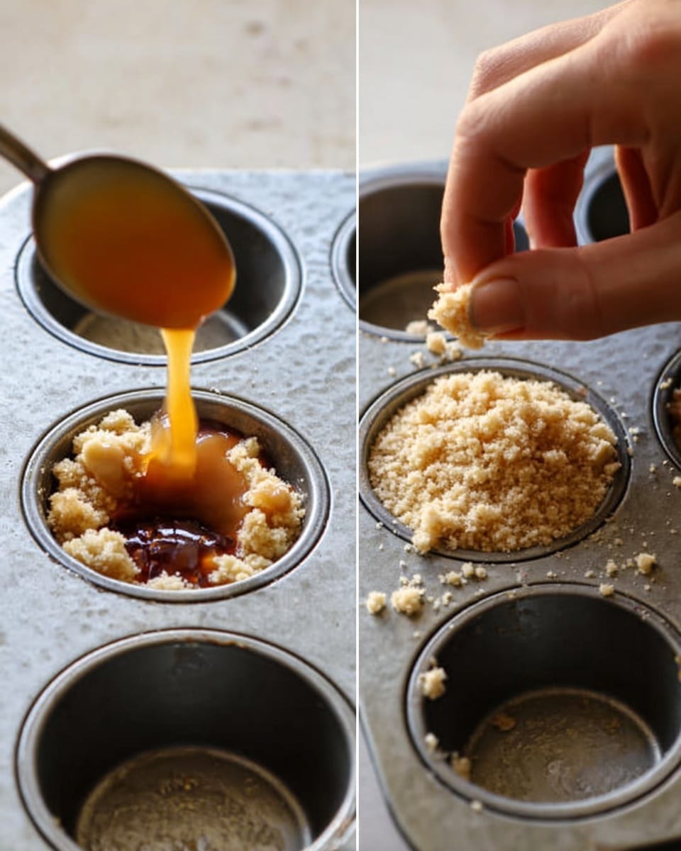 The image shows a close-up of two steps in making a dessert in an old metal muffin tray on a white marbled surface. The first step features a spoon pouring a shiny, light golden caramel sauce over small pieces of a brown ingredient at the bottom of one muffin cup. The second step shows a woman's hand gently sprinkling crumbly, light beige streusel topping evenly over the caramel mixture in the muffin cups nearby. The metal tray has several empty cups visible, and the scene has a warm, homey feel. Photo taken with an iphone --ar 4:5 --v 7