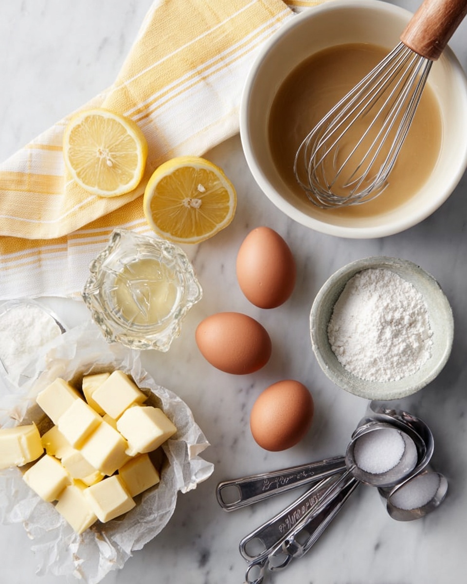 The image shows several baking ingredients and tools arranged on a white marbled surface. There are four brown eggs placed near the center, with one more egg closer to the bottom. To the left, a small clear glass juicer holds a lemon half with juice visible, and another lemon half sits next to it. Near the eggs, there is a small stack of cubed butter pieces on wrapped paper. Above the eggs, a white bowl contains a light brown mixture being whisked with a whisk that has a wooden handle. To the right, a white bowl is filled with white granulated sugar, and two metal measuring spoons and a metal measuring cup with salt are laid beside it. A yellow and white striped cloth is partially underneath the bowl with the whisk. photo taken with an iphone --ar 4:5 --v 7