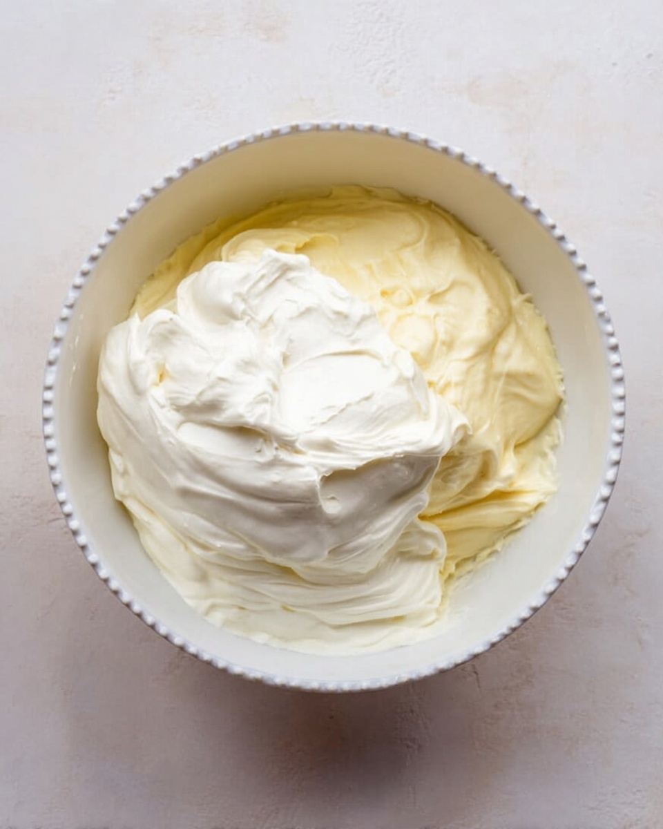 A white bowl with small bead-like decorations around the edge holds two layers of cream mixtures. The bottom layer is a pale yellow, smooth and thick textured cream filling half the bowl. On top of it is a thick, fluffy layer of pure white cream spread unevenly but neatly. The bowl sits on a white marbled surface, showing a soft shadow beneath. photo taken with an iphone --ar 4:5 --v 7