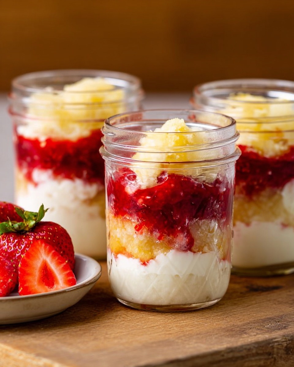 Three clear glass jars filled with a dessert that has three main visible layers: the bottom layer is white and creamy, the middle layer is bright red with a thick, jam-like texture and small fruit pieces, and the top layer is light yellow with a soft, chunky texture. The jars sit on a wooden surface next to a small plate of fresh strawberries, one of which is sliced in half. The background is softly blurred, drawing focus to the jars. photo taken with an iphone --ar 4:5 --v 7