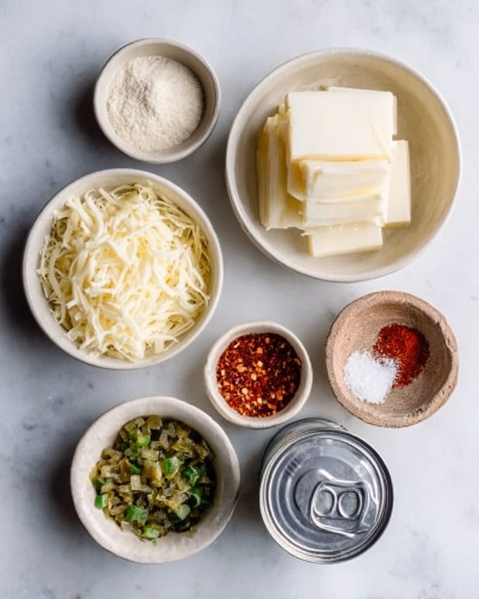 The image shows six small white bowls arranged on a white marbled surface. The top right bowl contains a stack of white rectangular slices with smooth surfaces. To its left is a bowl filled with green chopped pieces with a wet texture. Below this is a bowl of shredded white cheese, with long thin strands. To the right of the cheese bowl is a sealed can with a pull tab resting on the surface. Next to the can is a bowl with various dry spices, including red powder, white powder, and crushed small red flakes. The top left bowl contains a white powdery substance. photo taken with an iphone --ar 4:5 --v 7