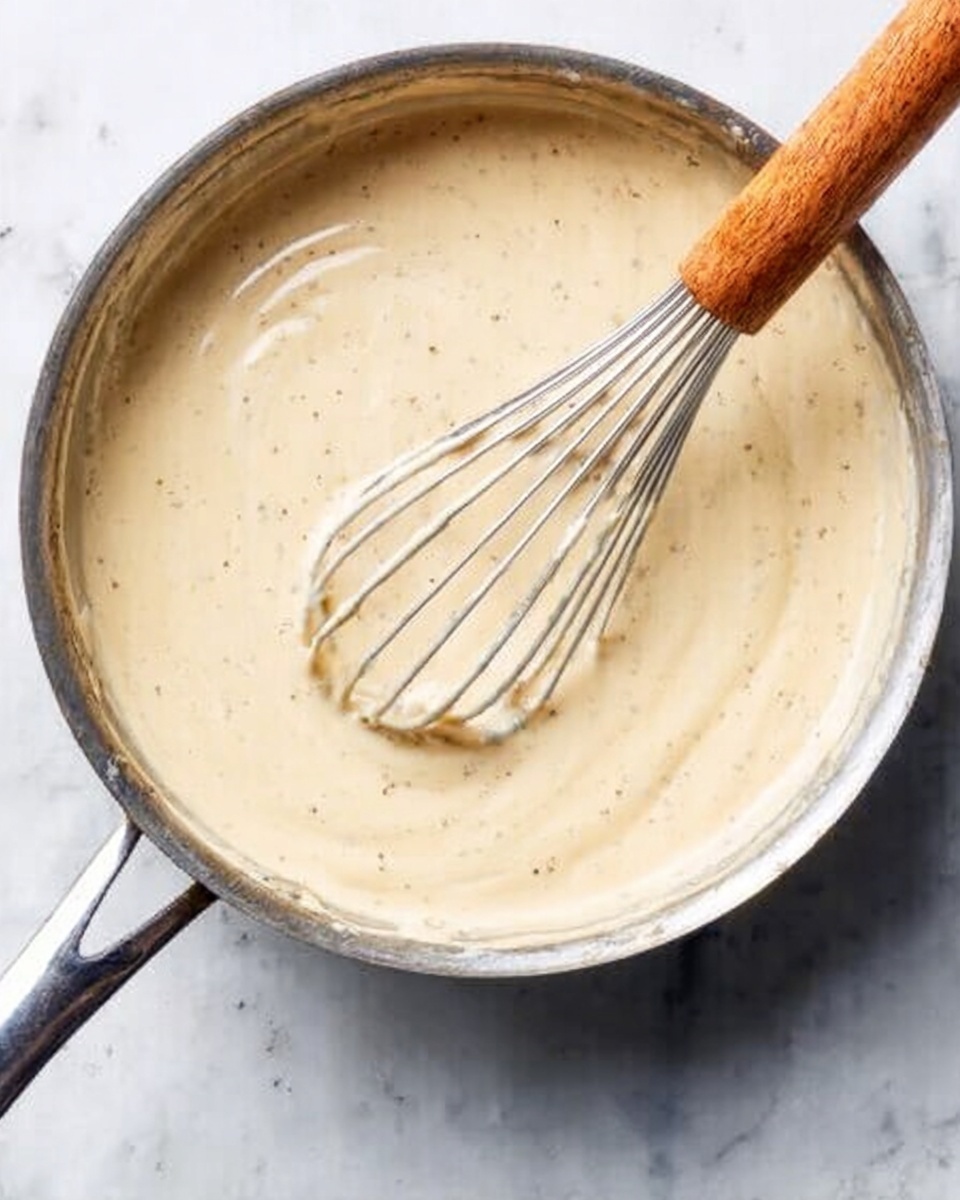 A shiny silver pan holds a creamy, light beige sauce with small black specks, showing a thick smooth texture. A wooden-handled whisk covered in the sauce rests inside the pan, slightly lifted, with the sauce forming soft ripples underneath. The pan sits on a white marbled surface, creating a clean and bright background. photo taken with an iphone --ar 4:5 --v 7