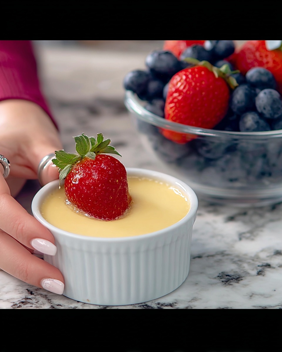 A white ceramic ramekin filled with a smooth, creamy light yellow dessert, topped with a single fresh red strawberry with green leaves, placed on a white marbled surface. A woman's hand holding the ramekin shows a silver ring on the ring finger and light pink nail polish. In the background, a clear glass bowl is full of fresh blueberries and strawberries on the same white marbled surface. Photo taken with an iphone --ar 4:5 --v 7