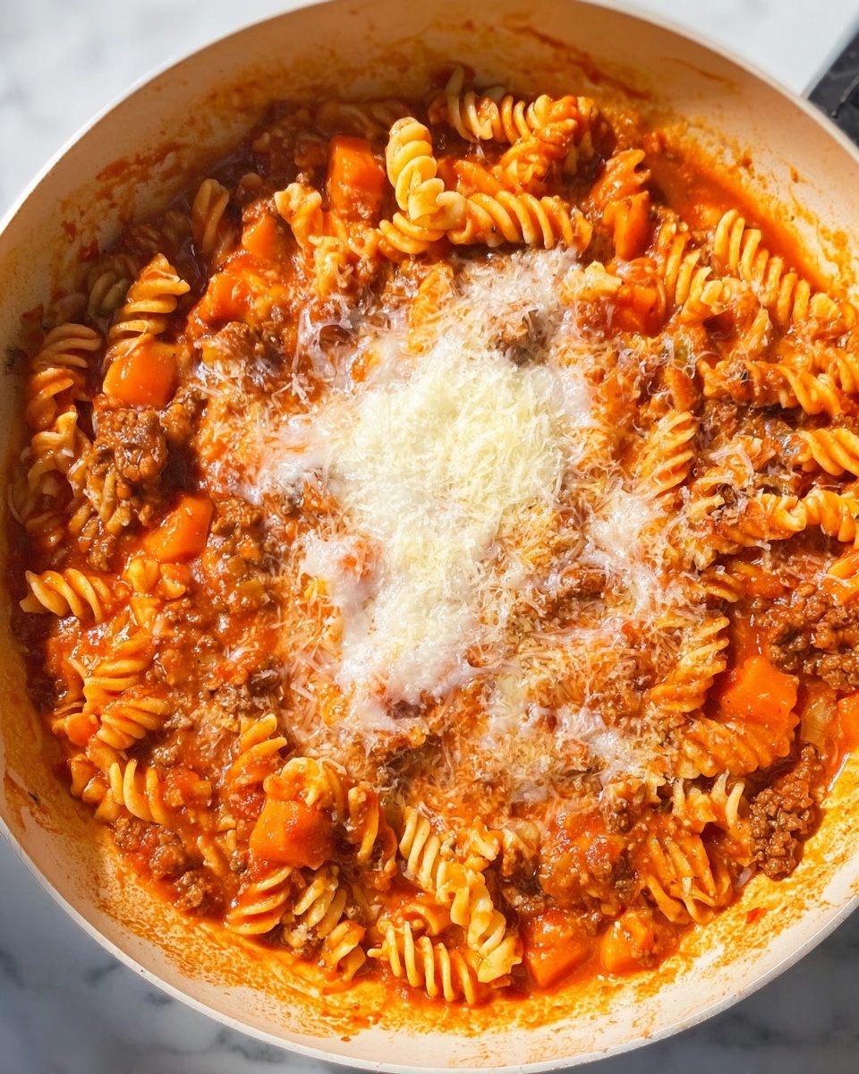 A white pan filled with cooked rotini pasta in a rich reddish-orange tomato sauce, mixed with small pieces of brown meat and orange slices of cooked carrots. On the surface, there is a swirl of white cream blending into the sauce and a mound of fine, light yellow grated cheese in the middle. The sauce looks thick and textured, with the pasta spirals well coated. The whole scene is set against a white marbled background. photo taken with an iphone --ar 4:5 --v 7