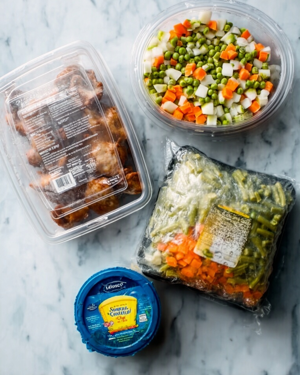 The image shows four packaged food items placed on a white marbled surface: a clear plastic container with roasted chicken pieces inside, a clear plastic bowl with mixed diced vegetables in light green, orange, and white, a large clear plastic bag filled with mixed frozen vegetables including green beans, carrots, and peas, and a small round blue yellow container labeled minced garlic. The focus is on the variety of colorful, fresh ingredients in clear packaging, arranged with some space between them photo taken with an iphone --ar 4:5 --v 7
