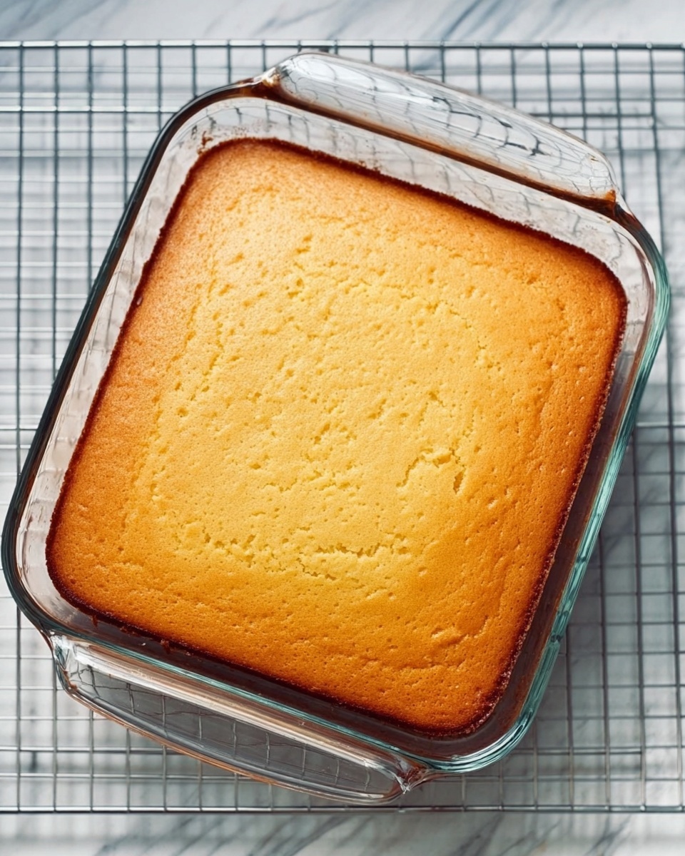 A square, golden-brown baked cake sits inside a clear glass baking dish with handles on both sides, resting on a white marbled surface with a metal cooling rack underneath. The cake has a smooth top and slightly darker edges. Photo taken with an iphone --ar 4:5 --v 7
