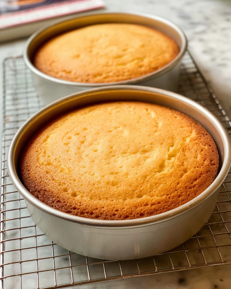 Two round cakes sit in silver baking pans resting on a wire cooling rack over a white marbled surface. Each cake is golden brown with a slightly textured top showing small, evenly spread darker spots. The edges of the cakes are slightly pulled away from the pans, revealing a soft, spongy texture inside. The background includes a white marbled tabletop and part of a cookbook or box in the upper left corner. photo taken with an iphone --ar 4:5 --v 7