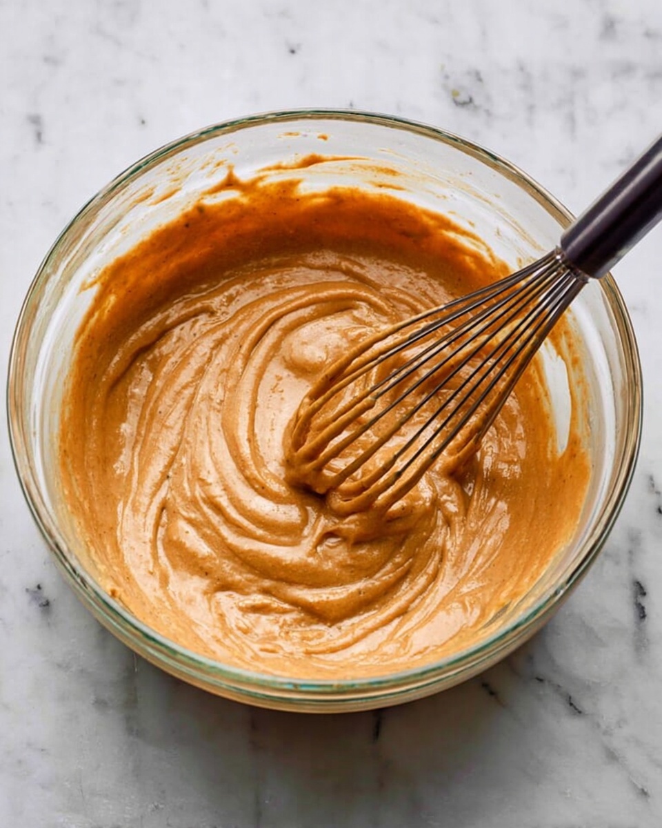 A clear glass bowl filled with a smooth, thick light brown batter being mixed with a metal whisk with a dark handle. The batter has a creamy texture and shows swirl patterns from the stirring action. The bowl sits on a white marbled surface. Photo taken with an iphone --ar 4:5 --v 7