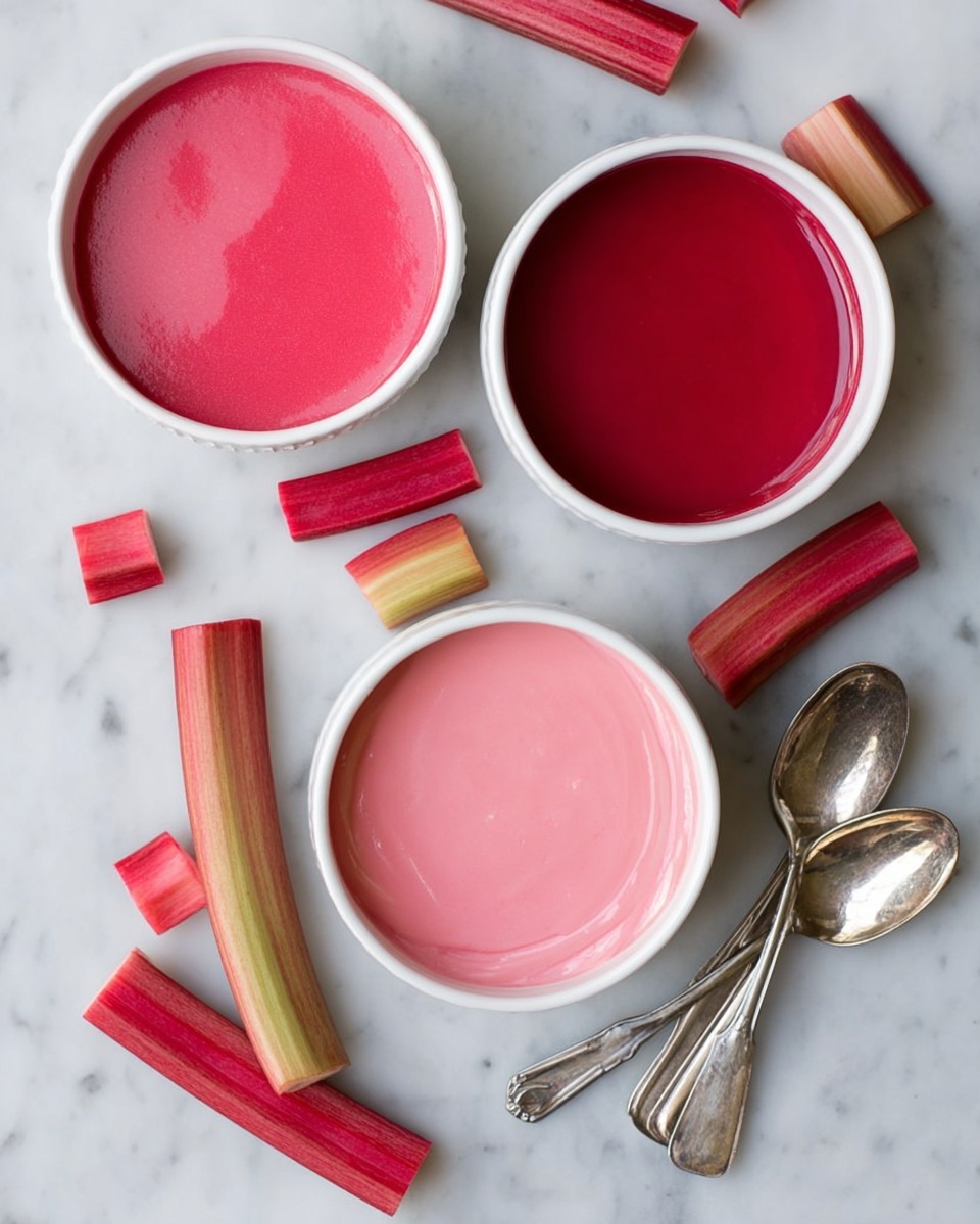 The image shows three white round bowls filled with smooth, creamy mixture in different shades of pink and red. The top left bowl has a bright pink smooth liquid, the bottom left bowl contains a darker red smooth liquid, and the right bowl is filled with a lighter pink creamy layer. Scattered around the bowls are short pieces of rhubarb stalks, showing their natural red and pale green colors. Two shiny silver spoons are placed beside the bowls on a white marbled surface. The photo taken with an iphone --ar 4:5 --v 7