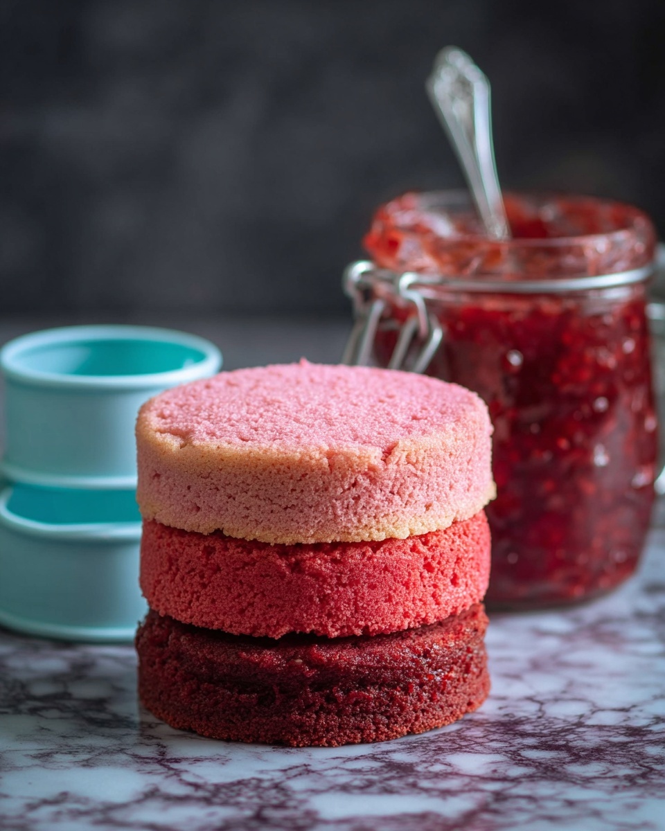 The image shows a stack of three round cake layers on a white marbled surface, with the bottom two layers in deep red and the top layer in light pink textured sponge. Behind the cake layers, there is a glass jar filled with chunky red jam and a spoon inside it. To the left, two light blue baking rings are placed on the surface. The background is dark and blurred. Photo taken with an iphone --ar 4:5 --v 7