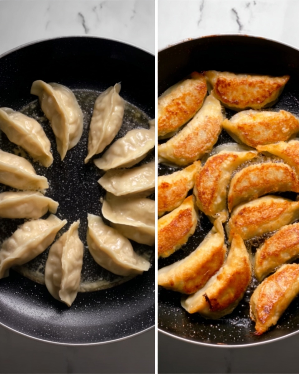 Two images side by side show a black pan with dumplings cooking. The left image has 13 uncooked dumplings arranged in a circular pattern, light beige in color with smooth, soft texture. The right image shows the same dumplings but mostly cooked, with some turned golden brown with crispy texture on their curved side while others remain light beige. The pan has a slightly shiny black surface with small circular patterns. The background is a white marbled texture. photo taken with an iphone --ar 4:5 --v 7