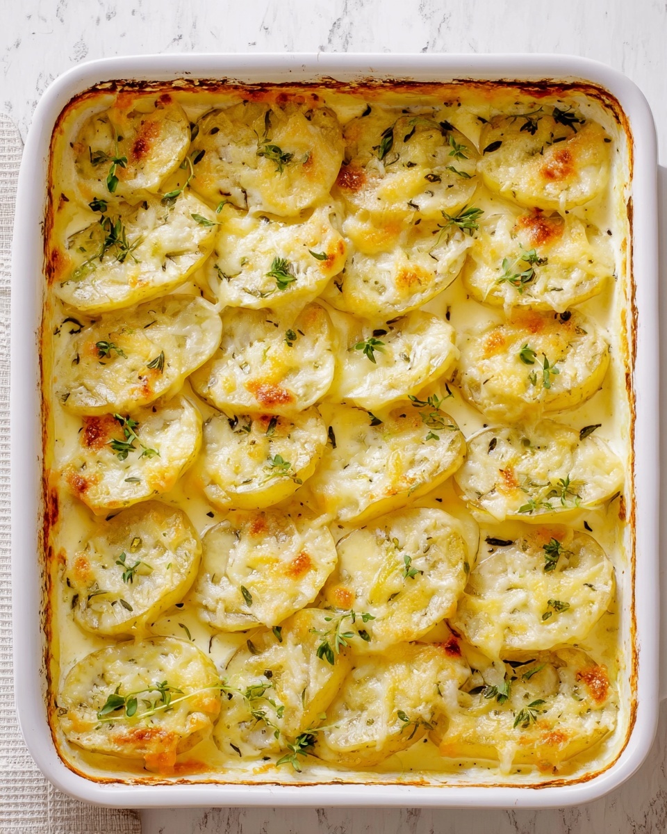 A white rectangular baking dish filled with evenly spaced potato slices layered on top of a creamy, pale yellow sauce. Each potato slice is covered with melted cheese that is slightly browned in spots, and small green herb pieces are sprinkled over all the slices, adding color contrast. The edges of the dish show some bubbling of the sauce, with a light golden hue. The dish is placed on a white marbled surface. photo taken with an iphone --ar 4:5 --v 7