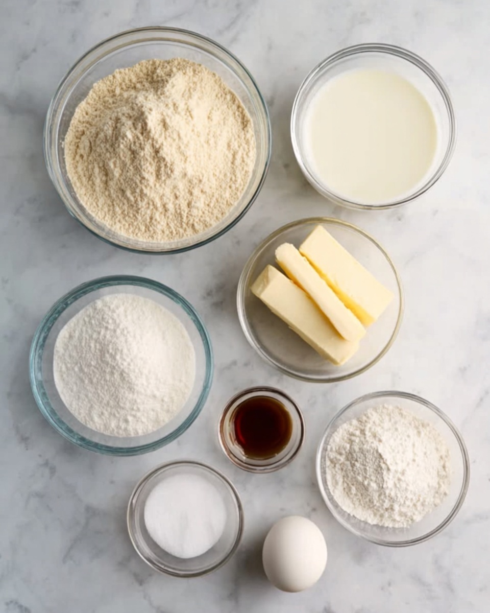 A white marbled surface holds seven clear glass bowls arranged in a loose cluster; the largest bowl at the top left contains light beige flour with a soft, powdery texture, next to it on the right is a bowl filled with smooth white milk. Below the flour bowl is a bowl of fine white sugar, and to its right is a small bowl holding two pale yellow butter sticks with a creamy texture. In the bottom center, a small bowl contains a smooth white egg, while directly above it is a tiny bowl with dark brown vanilla liquid. To the right of the egg is a small bowl filled with white powdery baking powder. Photo taken with an iphone --ar 4:5 --v 7