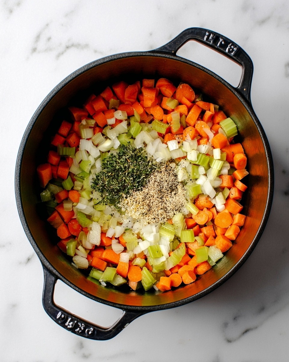 A black round pot filled with a single layer of chopped vegetables including bright orange carrots, light green celery, and white onions, evenly spread across the base. In the center of the pot, there is a small pile of finely chopped garlic and a heap of mixed dry spices including black pepper and salt, creating a contrast against the vegetables. The pot handles are visible, and the pot is placed on a white marbled surface. photo taken with an iphone --ar 4:5 --v 7