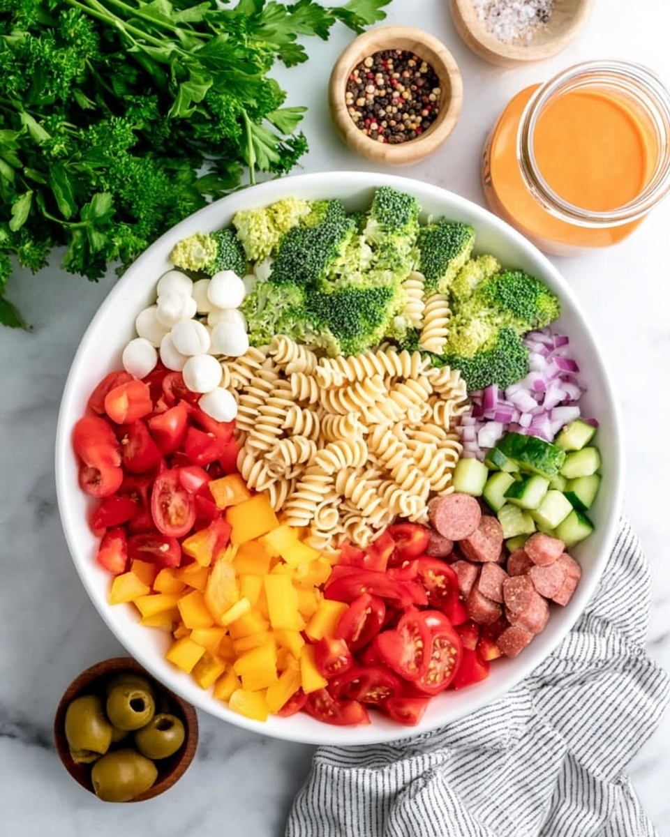 A white bowl filled with colorful layers of food arranged in a circle on a white marbled surface. The center layer features spiral pasta with a beige color. Around this, starting from the top and moving clockwise, there are red diced tomatoes, orange small diced bell peppers, yellow diced bell peppers, small round slices of pink sausages, small white cheese balls, finely diced red onions, green broccoli florets, red grape tomatoes sliced in half, yellow grape tomatoes sliced in half, black sliced olives, and green cucumber chunks. In the background, there is a bunch of green parsley, a jar with orange dressing, a small bowl of mixed peppercorns, and a small bowl of salt. A white and gray striped cloth is draped on the right side. photo taken with an iphone --ar 4:5 --v 7