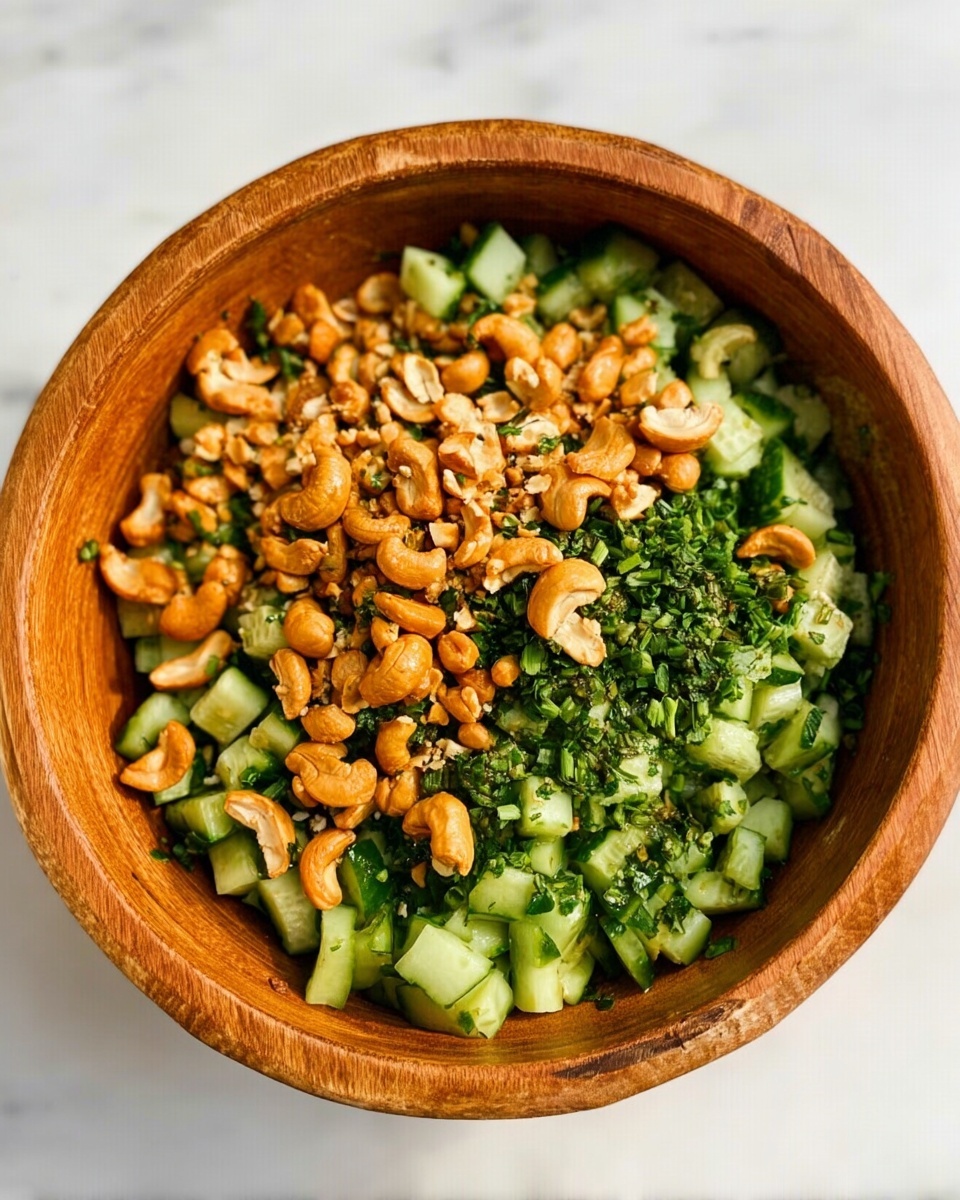 A wooden bowl filled with a fresh salad that has three main layers: a base of chopped green cucumber pieces that are evenly spread, topped with a sprinkling of chopped green herbs, and finished with a generous layer of golden brown roasted cashews scattered on top. The background is a white marbled surface. Photo taken with an iphone --ar 4:5 --v 7