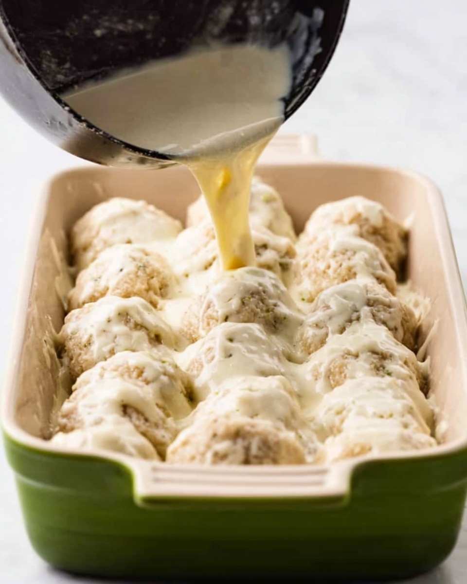 The image shows a green baking dish filled with rows of round dough balls covered with a creamy white sauce. The sauce is being poured from a dark pan held above the dish, flowing smoothly over the dough balls. The dough balls are rough and textured, packed closely together in three rows inside the dish. The background and surface are a white marbled texture. photo taken with an iphone --ar 4:5 --v 7