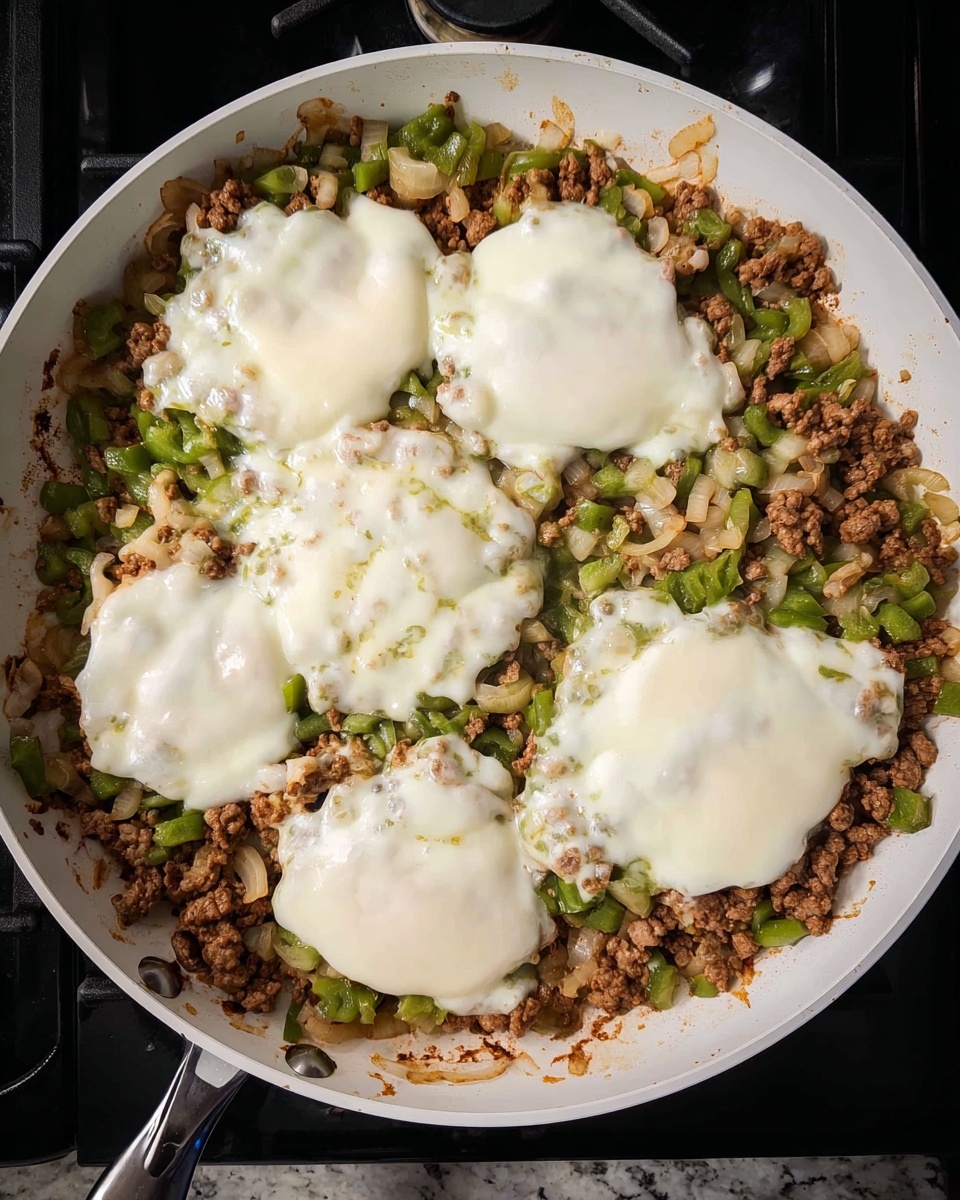 A white pan filled with cooked ground meat mixed with chopped green bell peppers and onions as the bottom layer, showing a mix of brown and light green colors with some translucent white from onions. On top, five large, slightly melted white cheese slices spread unevenly across the surface, with a few browned spots and some bubbling texture, partially covering the meat mixture. The pan is sitting on a black stove with a metal handle visible on one side. Photo taken with an iphone --ar 4:5 --v 7