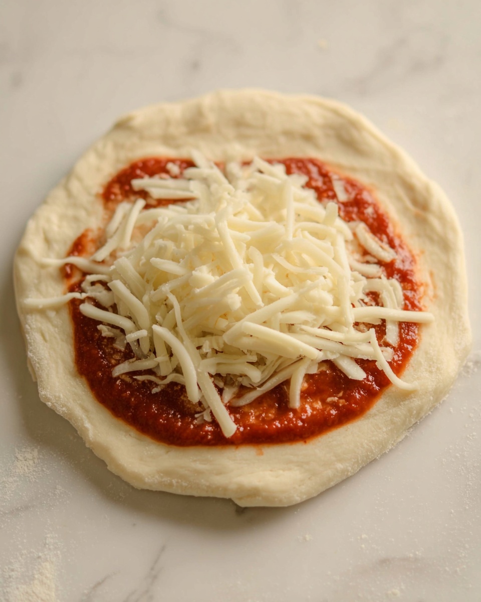 A small round piece of dough is the base layer, pale and soft with slight texture on the edges. On top of this dough sits a thick layer of red tomato sauce, smooth and spread evenly in a circular shape, covering the center. The top layer is scattered with shredded white cheese, which looks soft and slightly piled up in the middle, with some strands extending beyond the edges of the sauce. The dish is placed on a white surface with a subtle white marbled texture. Photo taken with an iphone --ar 4:5 --v 7