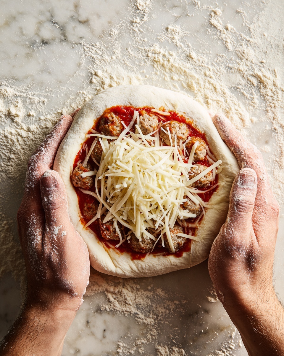 A small round piece of white dough is held by a pair of hands with flour dusted on the fingers, gently folding the edges upwards. Inside the dough is a layer of red tomato sauce at the base, topped with thin strips of shredded white cheese, and scattered round slices of light brown sausage. The scene is set on a white marbled surface with some flour scattered around. Photo taken with an iphone --ar 4:5 --v 7