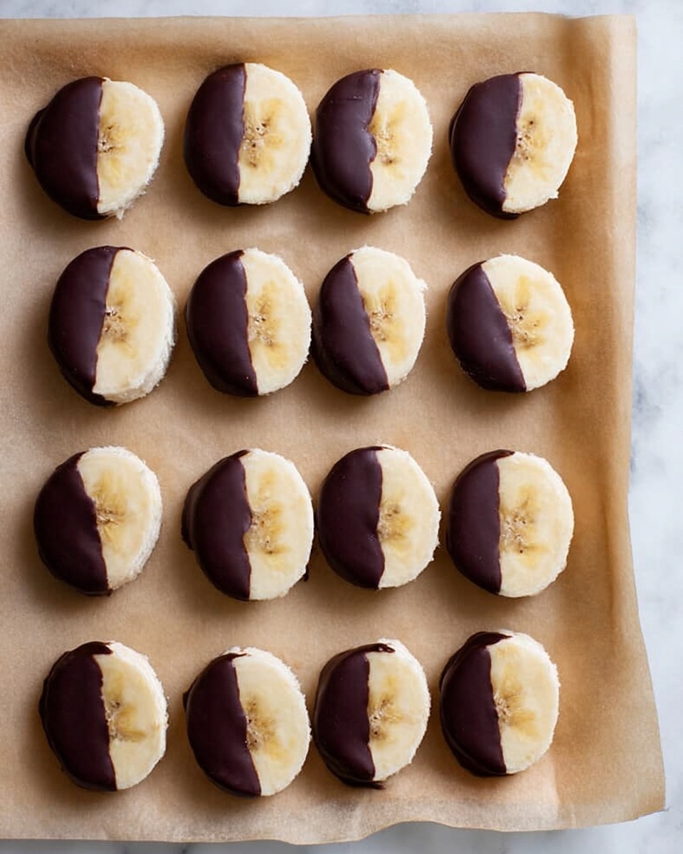 The image shows three rows of banana slices dipped halfway in dark chocolate, arranged neatly on a sheet of parchment paper. Each banana slice is light cream colored with soft, smooth texture, while the chocolate coating is dark brown, shiny, and covers about half of each slice. The parchment paper underneath is a light tan color with a slightly crinkled texture, all placed on a white marbled surface. Five slices are in the top row, four slices in the middle row, and four in the bottom row, forming a tidy grid. Photo taken with an iphone --ar 4:5 --v 7