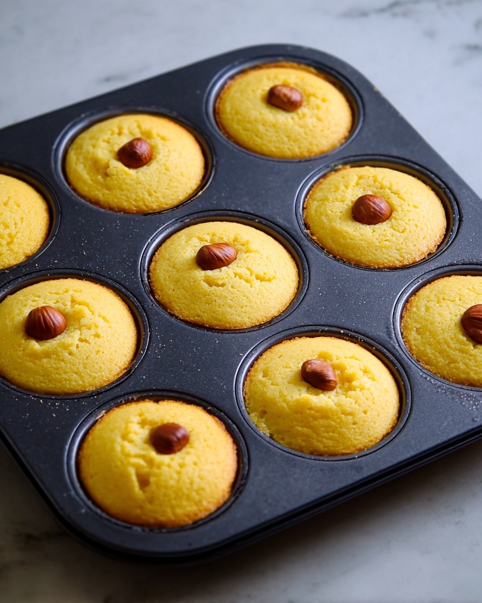 There is a black muffin tray filled with eight small yellow cornbread muffins. Each muffin has one brown nut, mostly a hazelnut, partly embedded near the edge, slightly above the muffin surface. The muffins have a soft, slightly porous texture with some browning around the edges inside the tray's round compartments. The tray rests on a white marbled surface. photo taken with an iphone --ar 4:5 --v 7