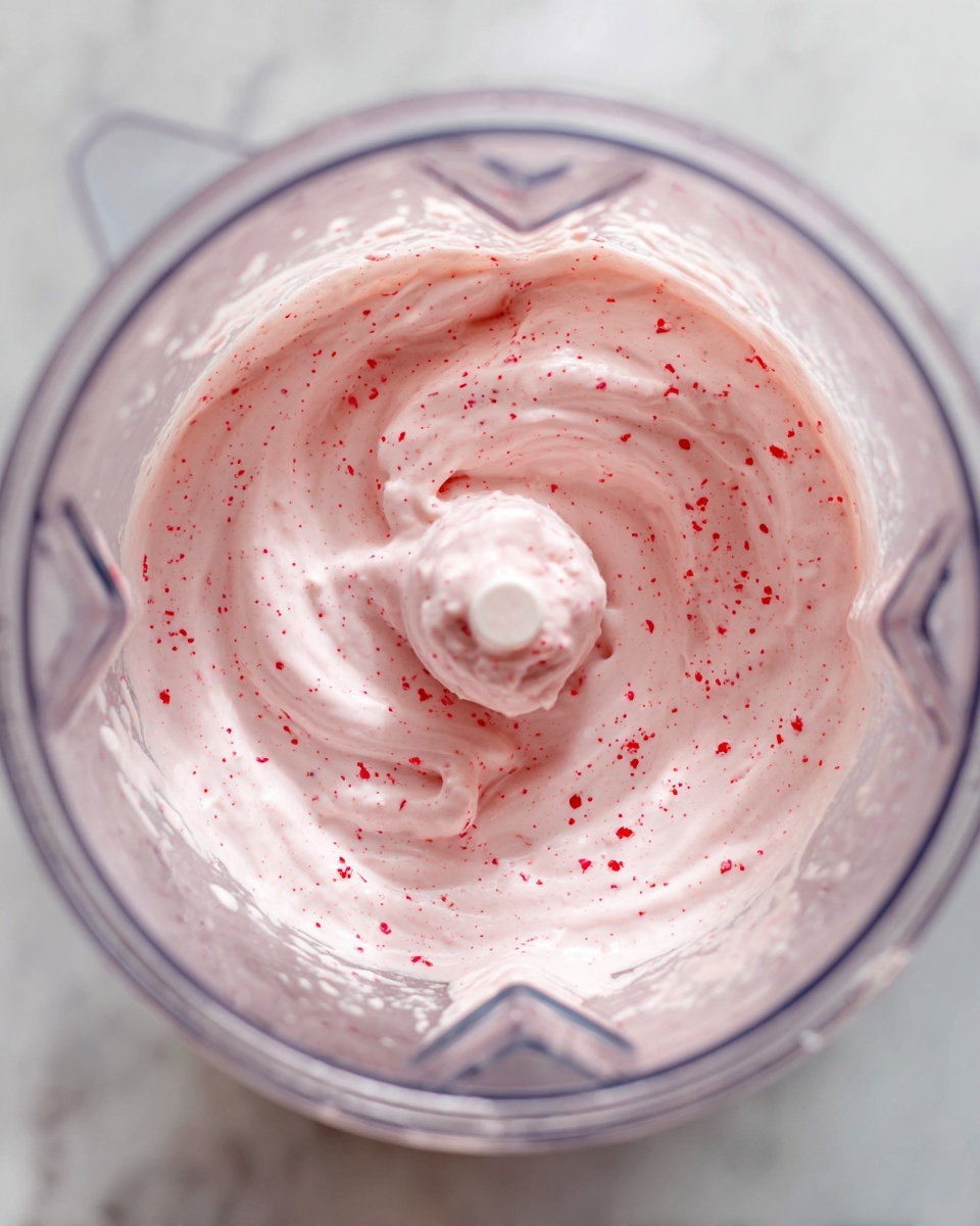 A close-up view inside a clear blender container filled with smooth, light pink creamy mixture that has tiny red specks and a soft glossy texture on the surface. The blender is set on a white marbled surface that adds a clean bright look in the background. Photo taken with an iphone --ar 4:5 --v 7