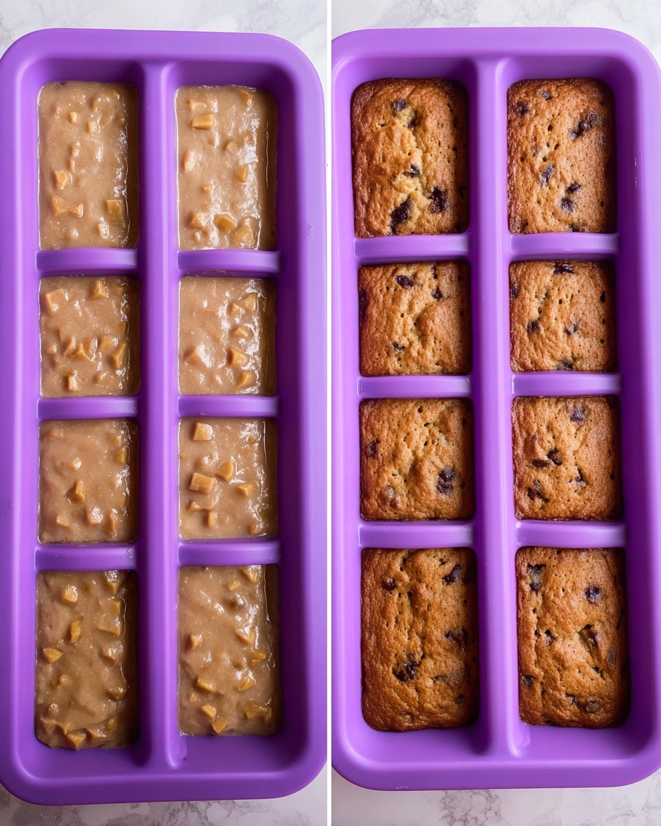 The image shows a side-by-side comparison of two purple silicone molds with rectangular cavities, each containing a layer of batter and then baked bars. The left side has a raw, light brown batter with visible chunks spread evenly in each cavity, showing a soft, smooth texture with a few air bubbles. The right side shows the same molds but with baked bars that are golden brown with darker spots from the chunks, having a firm and slightly cracked surface. Both molds are placed on a white marbled surface visible around the edges. photo taken with an iphone --ar 4:5 --v 7