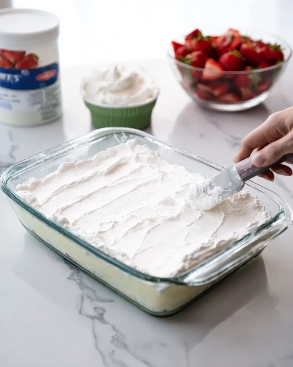 A clear glass rectangular dish is filled with layers of a dessert. The bottom layer seems to be light and creamy, topped with a thick layer of white whipped cream spread smoothly across the whole surface. In the background, there is a bowl of bright red cut strawberries and a container of whipped cream on a white marbled surface. A woman's hand holding a spatula is spreading the whipped cream evenly on top of the dish. Photo taken with an iphone --ar 4:5 --v 7