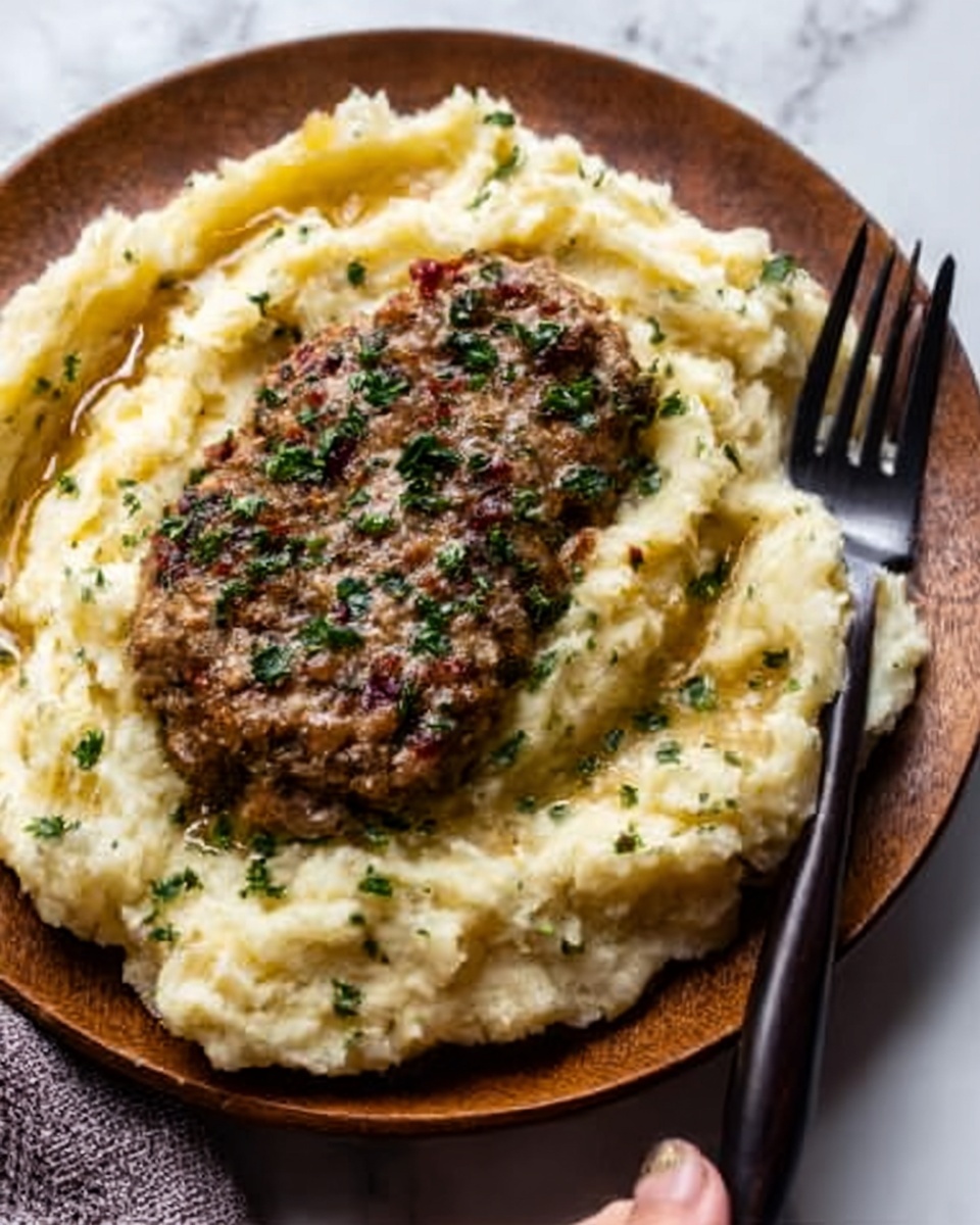 A white plate with a creamy, pale yellow mashed potato base covering the whole surface. On top, there is a large, irregular-shaped, cooked brown meat patty sprinkled with small green herbs. The mashed potatoes have a smooth, slightly fluffy texture with tiny green herb bits mixed in. A woman's hand is holding a dark-colored fork placed on the right side of the plate. The setting shows a white marbled surface underneath the plate. photo taken with an iphone --ar 4:5 --v 7