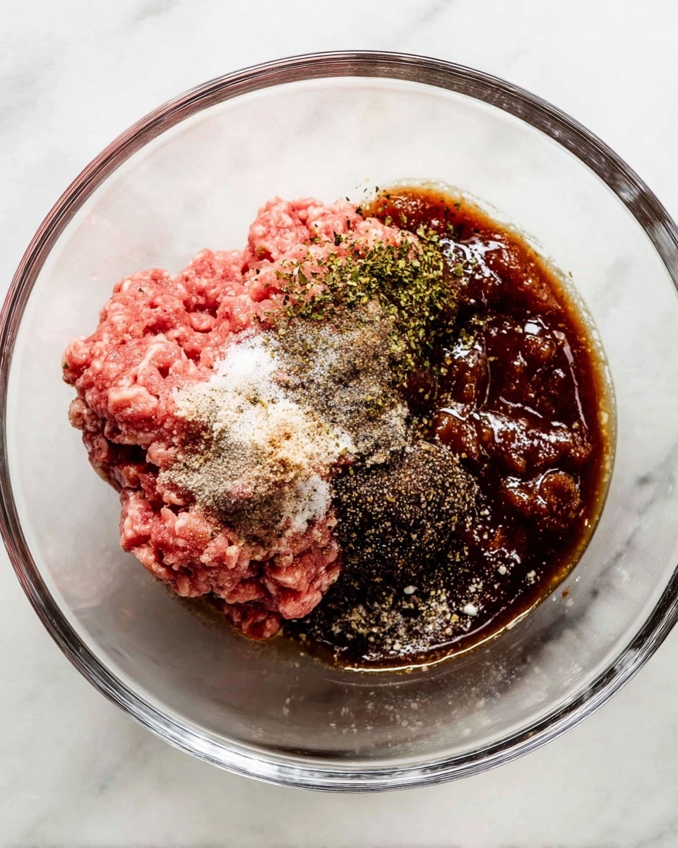 A clear glass bowl holds a single layer of raw ground pink meat on the left side. On the right side of the bowl, there is a thick, dark brown sauce with a shiny texture. Several spices and seasonings are sprinkled over the meat and sauce, including a white powder, black specks, and greenish dried herbs, all spread unevenly. The bowl is placed on a white marbled surface. photo taken with an iphone --ar 4:5 --v 7