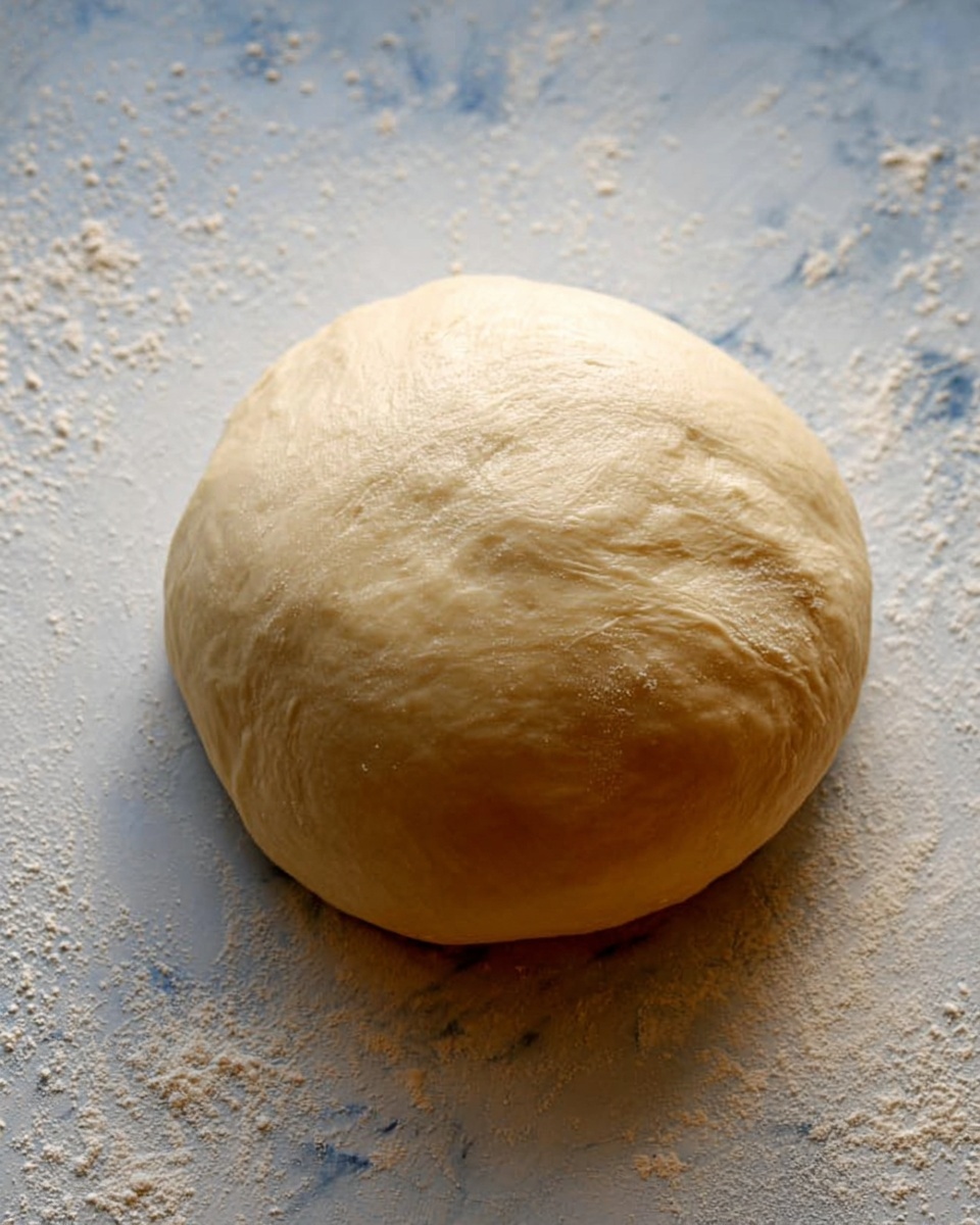 The image shows a smooth, round dough ball with a slightly shiny surface. It sits on a white marbled textured surface dusted lightly with flour. The dough is pale beige in color and looks soft and elastic. There is no other object in the frame, just the dough centered on the surface. The lighting is natural, highlighting the dough's texture and slight creases on top. Photo taken with an iphone --ar 4:5 --v 7