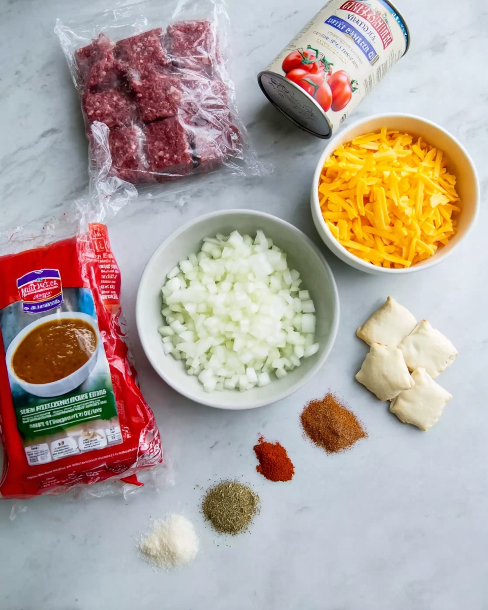 The image shows a flat layout of cooking ingredients arranged on a white marbled surface. There is a clear plastic package with ground beef on the top left, a red and white package of small pastry squares with a dipping sauce photo on the bottom left, and a white bowl filled with chopped white onions in the center. To the right of the onions, there is a white bowl with shredded yellow cheddar cheese. Behind the cheese bowl, there is a white can with a red label containing tomatoes. At the bottom of the image, arranged in a line across the surface, are small piles of different spices in brown, red, beige, and white shades. Photo taken with an iphone --ar 4:5 --v 7