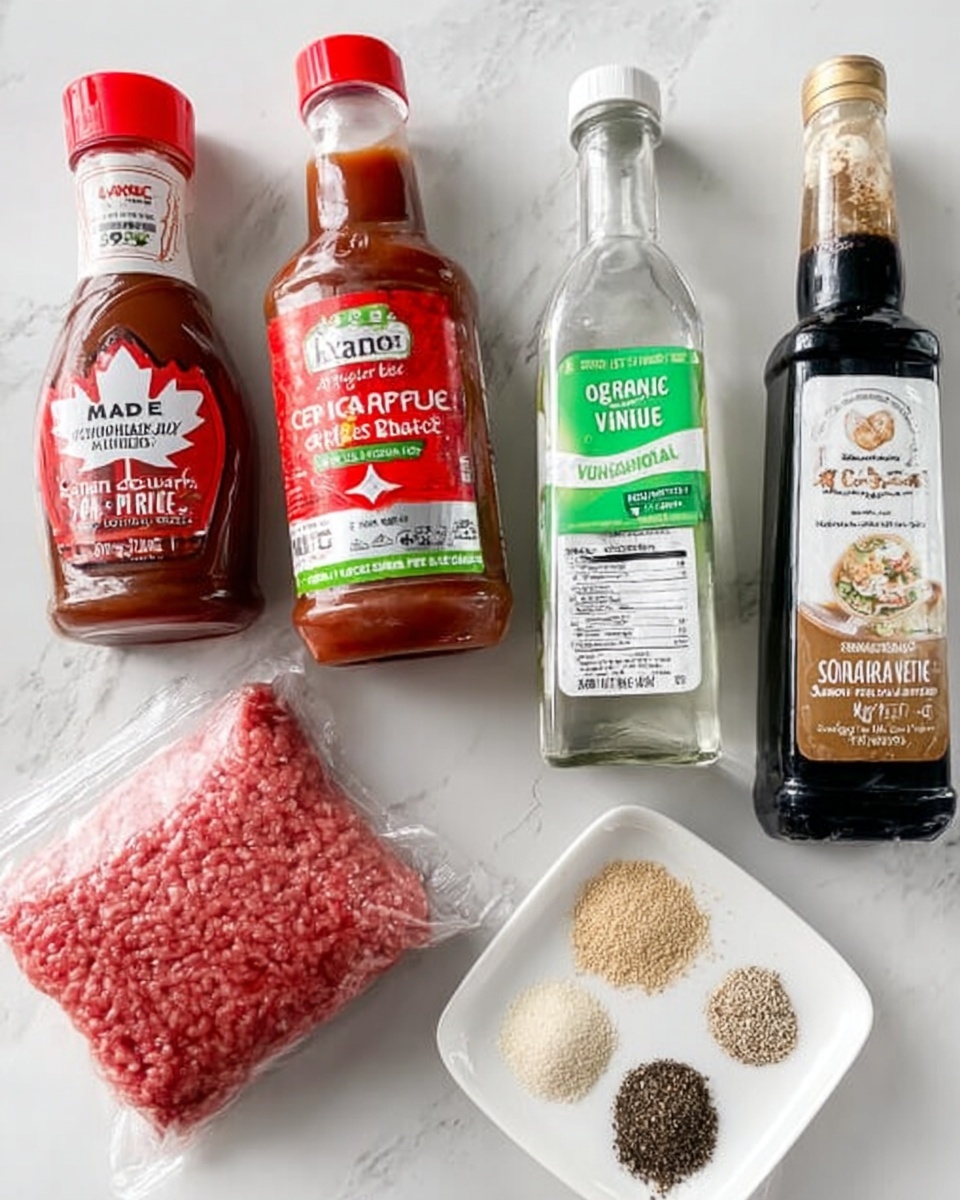 The image shows five cooking ingredients arranged on a white marbled surface. From left to right, there is a red and white bottle of maple flavored syrup with a red cap, a clear bottle of organic unsweetened ketchup with a red label and red cap, a clear bottle of less sodium soy sauce with a green label and green cap, and a clear bottle of organic rice vinegar with a white label and white cap. Below these bottles, slightly to the left, is a pack of raw organic ground beef in clear packaging with a label. To the right of the beef pack, on a small white plate, are three small piles of spices: one beige, one white, and one black with brown mix. Photo taken with an iphone --ar 4:5 --v 7