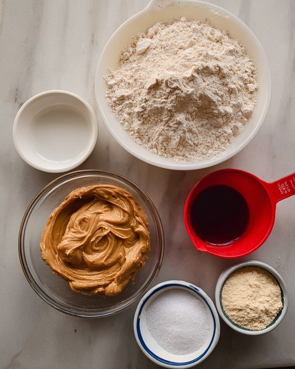 The image shows six separate white dishes and measuring cups on a white marbled surface. At the top right, there is a large white bowl filled with a powdery, light tan flour. To its left, a small empty white bowl. Below the large bowl, there is a clear glass bowl filled with smooth, creamy peanut butter that has a slightly textured surface with swirls. To the right of the peanut butter, a red measuring cup containing a dark red liquid, possibly syrup. Above the red cup, a small white bowl with a blue rim, holding white granulated sugar. At the bottom right, a white measuring cup with light beige powder, likely protein powder. photo taken with an iphone --ar 4:5 --v 7