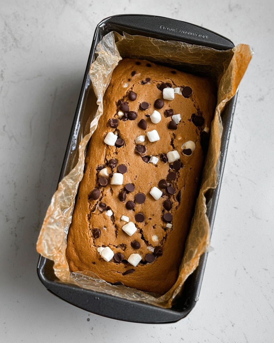 A rectangular baked blondie sits inside a black metal loaf pan lined with crinkled parchment paper that extends above the pan edges. The blondie has a golden-brown color with a slightly cracked surface. Dark chocolate chips and small white marshmallows are spread across the top, creating a contrast against the blondie’s smooth texture. The pan rests on a white marbled surface that softly reflects light. photo taken with an iphone --ar 4:5 --v 7