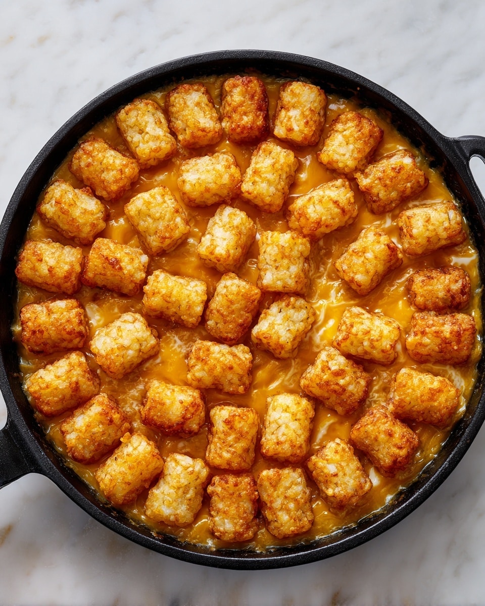 A black skillet filled with a single layer of small, golden, crispy tater tots arranged closely together in a circular pattern. The tater tots appear crunchy and textured, sitting in a thick, yellow-orange sauce that surrounds and slightly covers their base. The sauce looks creamy and smooth, pooling between and around the tater tots. The skillet is placed on a white marbled surface. photo taken with an iphone --ar 4:5 --v 7
